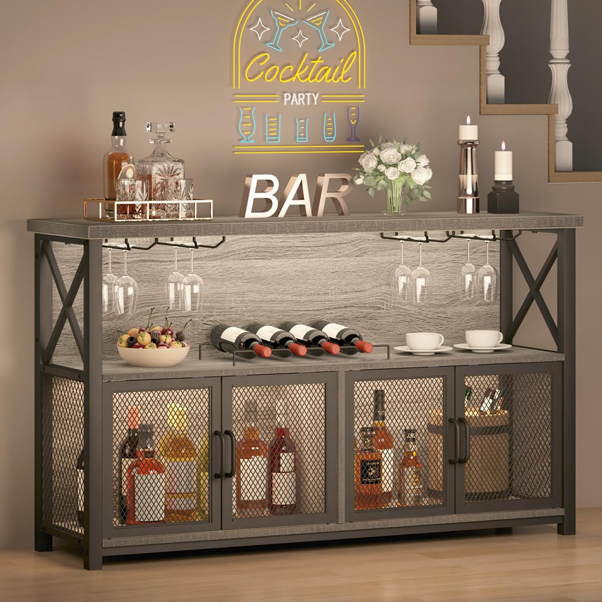 LVB Liquor Home/ Coffee Bar Cabinet, Industrial Farmhouse Modern Sideboard Buffet Cabinet for liquor and glasses with Wine Rack Storage for Kitchen Dining Living Room, Light Grey Oak 47 in LVB