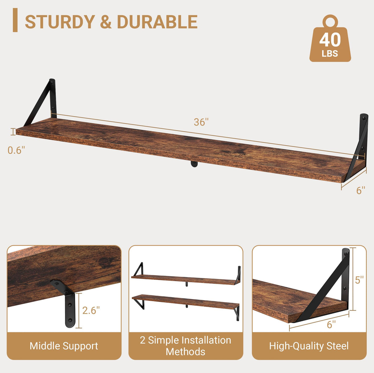 Heimlove Floating Shelves for Wall, 36 Inch Long Wood Floating Bookshelf Set of 3, Wall Mounted Hanging Shelf for Bathroom Bedroom Kitchen, Rustic Brown Heimlove