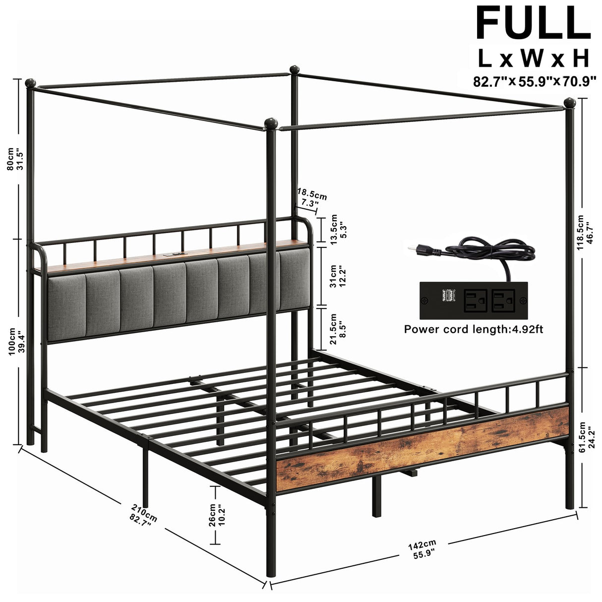 LIKIMIO Canopy Bed Frame Full, Storage Headboard with Charging Station, Platform Bed with 4 Removable Sturdy Posts, Noise Free, No Box Spring Needed, Vintage Brown LIKIMIO