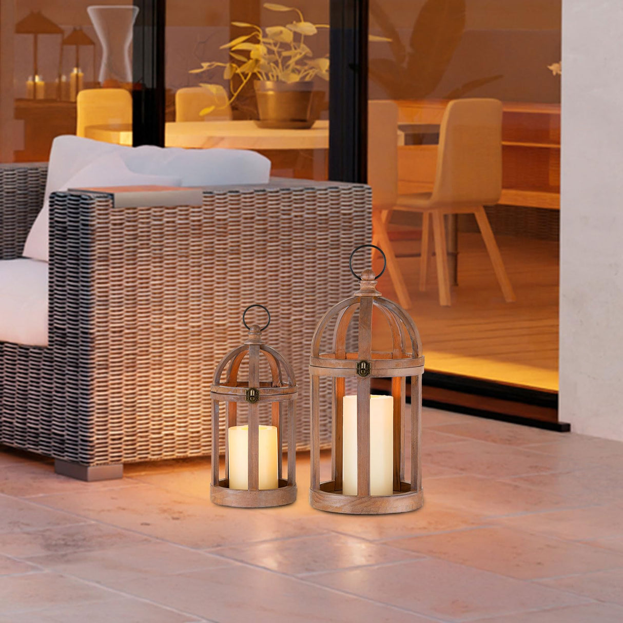 Staymoment Farmhouse Lantern Decor Set of 2 - Indoor Rustic Wooden Lanterns Decorative Candle Holder for Table Centerpiece Fireplace Mantle, 13" & 10" Hanging Home Decor, Brown Staymoment