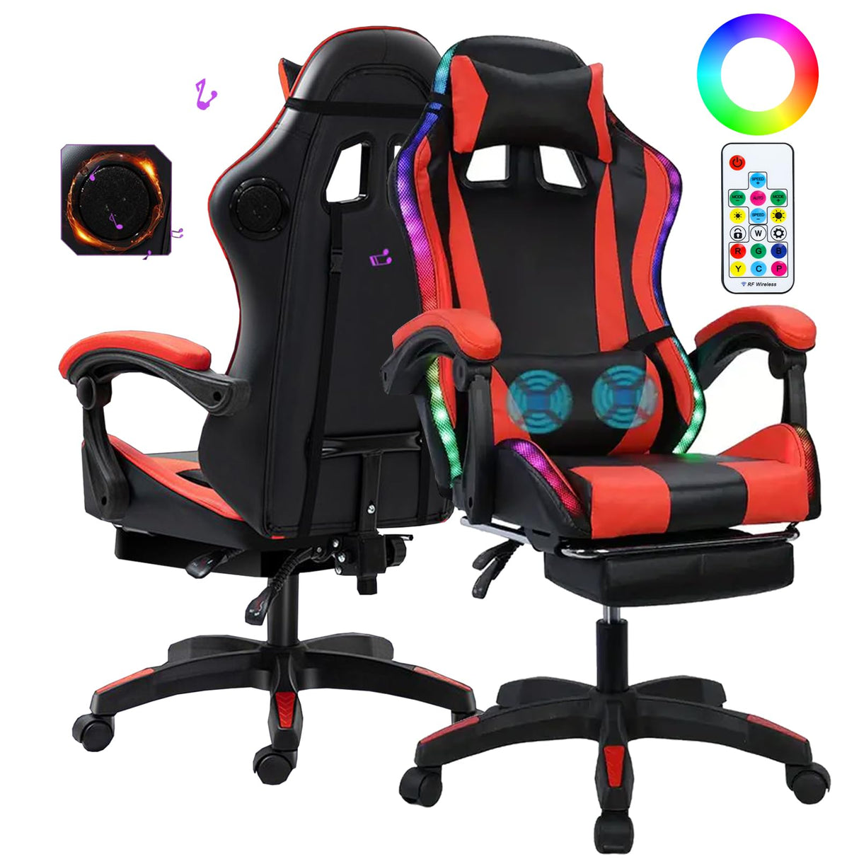 Gaming Chair Bluetooth Speakers RGB LED Lights Office Chair High Back Computer Chair Leather Desk Chair with Footrest Adjustable Swivel Video Game Chair with Headrest and Massage Lumbar Support (Red) leasote