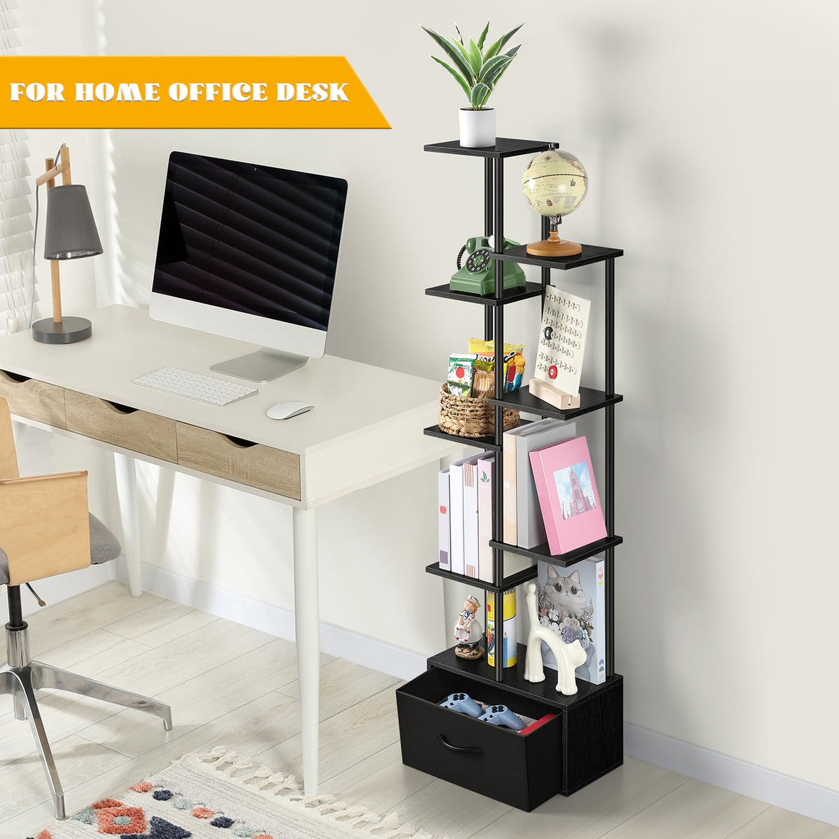 Vrisa Bookshelf with Fabric Drawer 7 Tier Bookcase with Storage 53" Tall Narrow Industrial Book Shelf Open Freestanding Shelf Organizer Unit for Living Room, Bedroom, Home Office, Black Vrisa