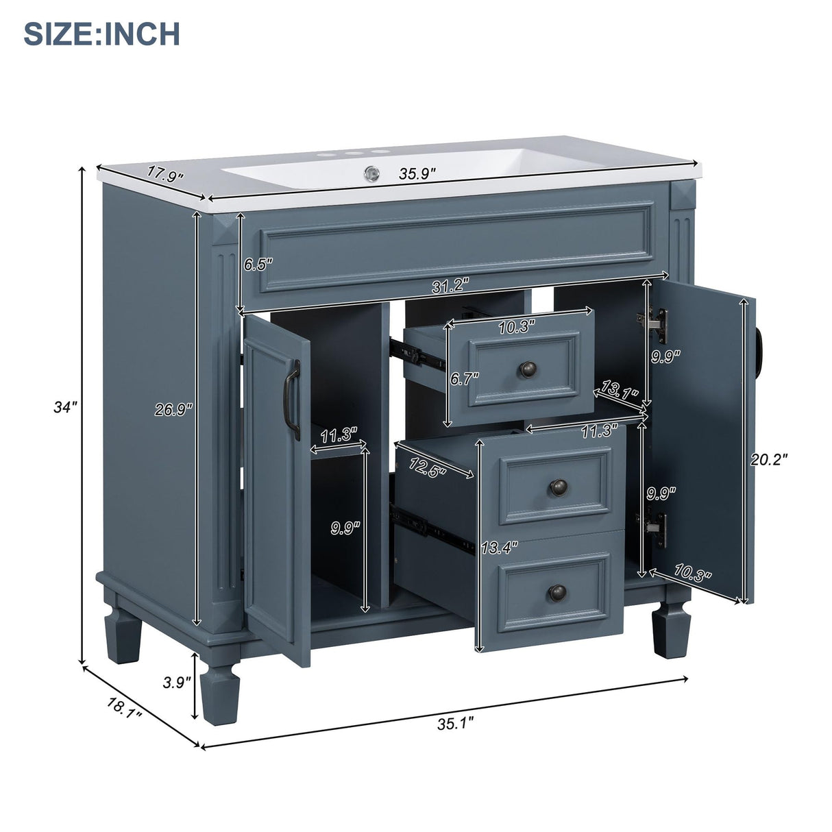 Merax 36” Bathroom Vanity with Sink, Freestanding Single Bathroom Sink Vanity Cabinet Set with 36” Countertop & Integrated Sink, 2 Doors & 2 Drawers (Sink Cabinet Only, Blue) Merax