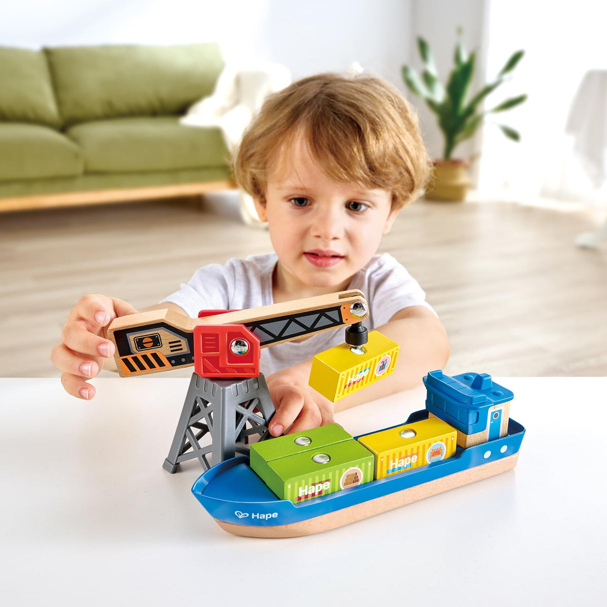 Hape Cargo Ship & Crane | Toy Boat and Crane Playset, for Children Ages 3Y+ Hape