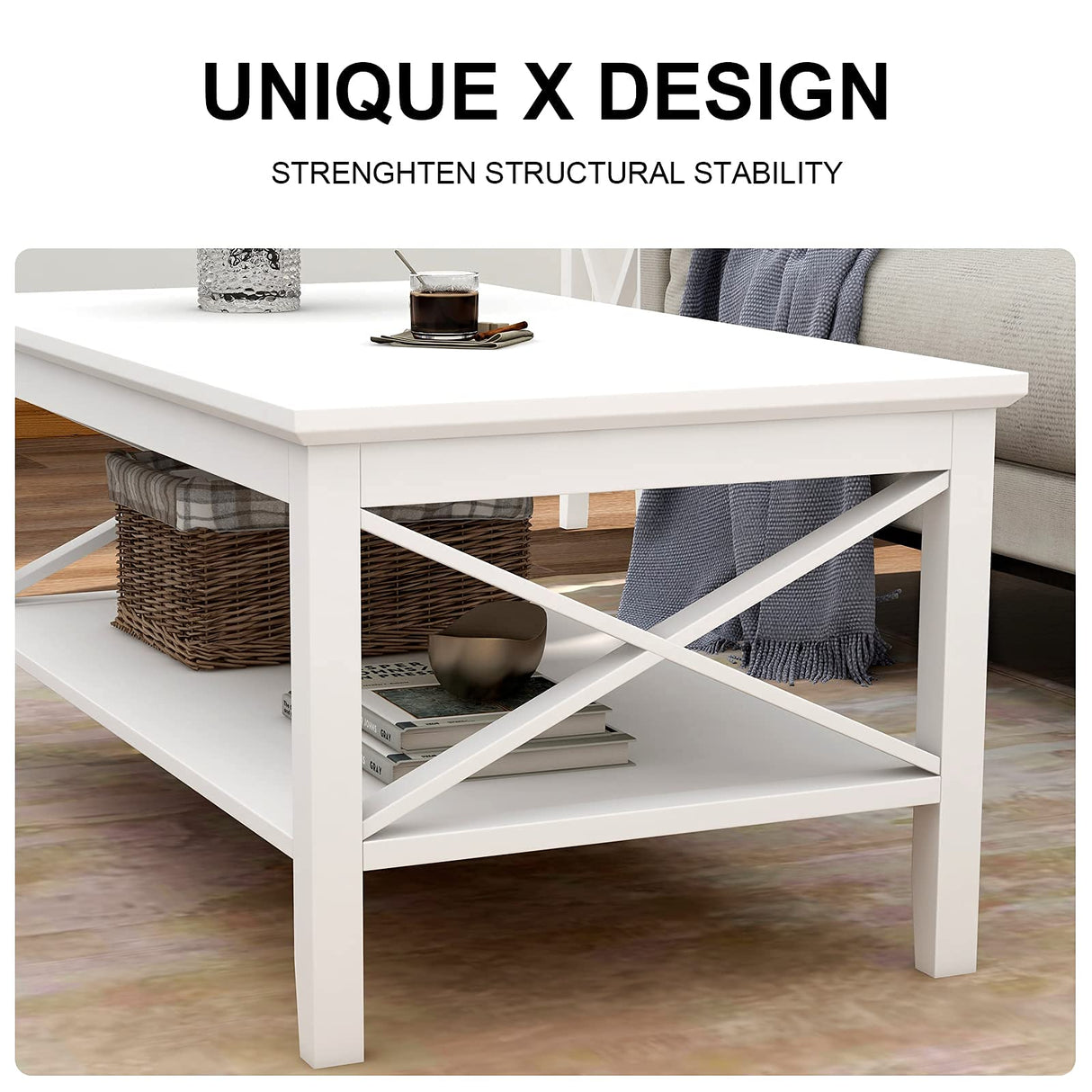 ChooChoo White Coffee Table Classic X Design for Living Room, Rectangular Modern Cocktail Table with Storage Shelf, 39 Inch ChooChoo