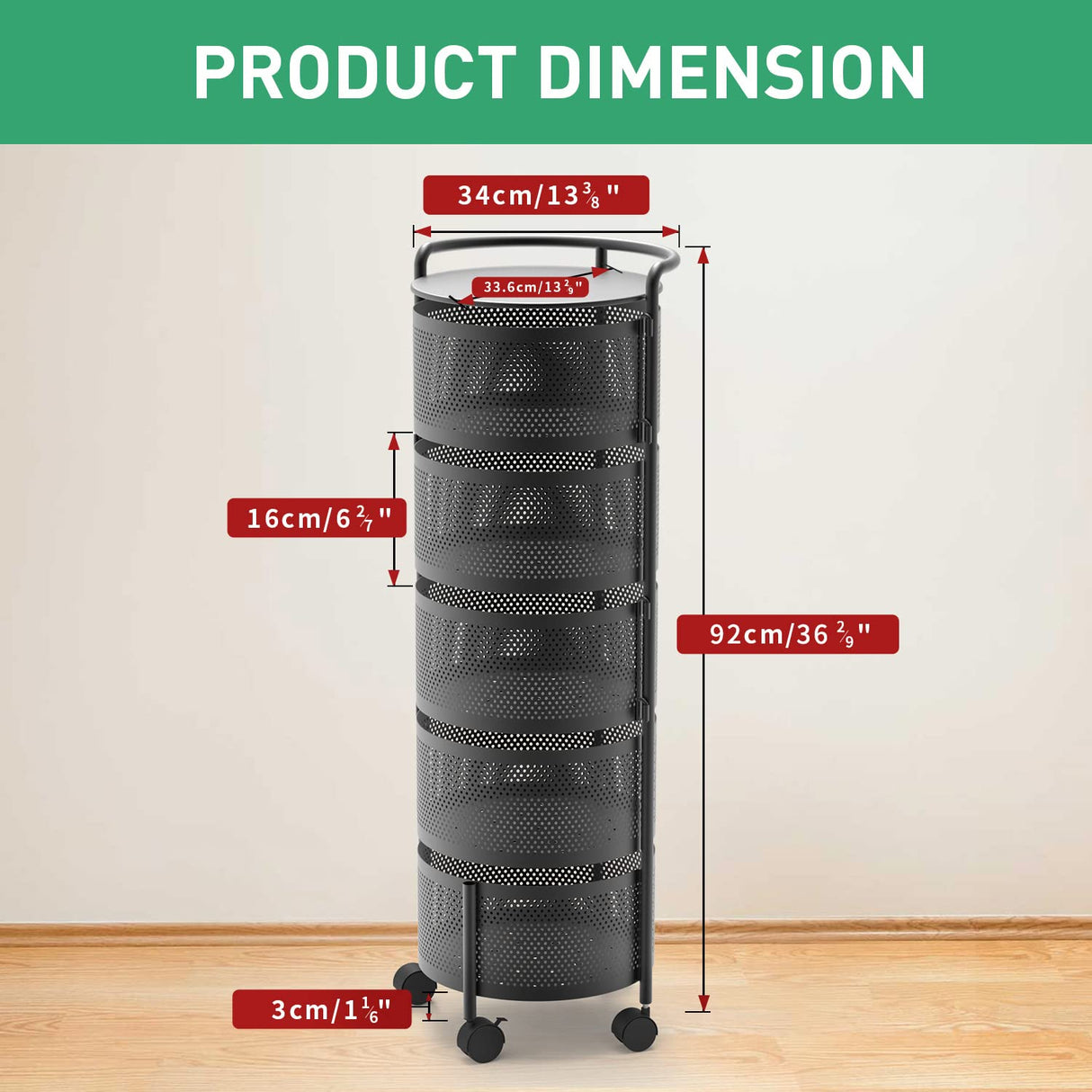 JAQ Rotating Fruit Basket, 5-Tier Metal Sturdy Kitchen Storage Rack Shelf Carts No Assembly on Rolling Wheels for Fruit Vegetable Grocery Corns Potato Onion (5-Tier, Black) JAQ