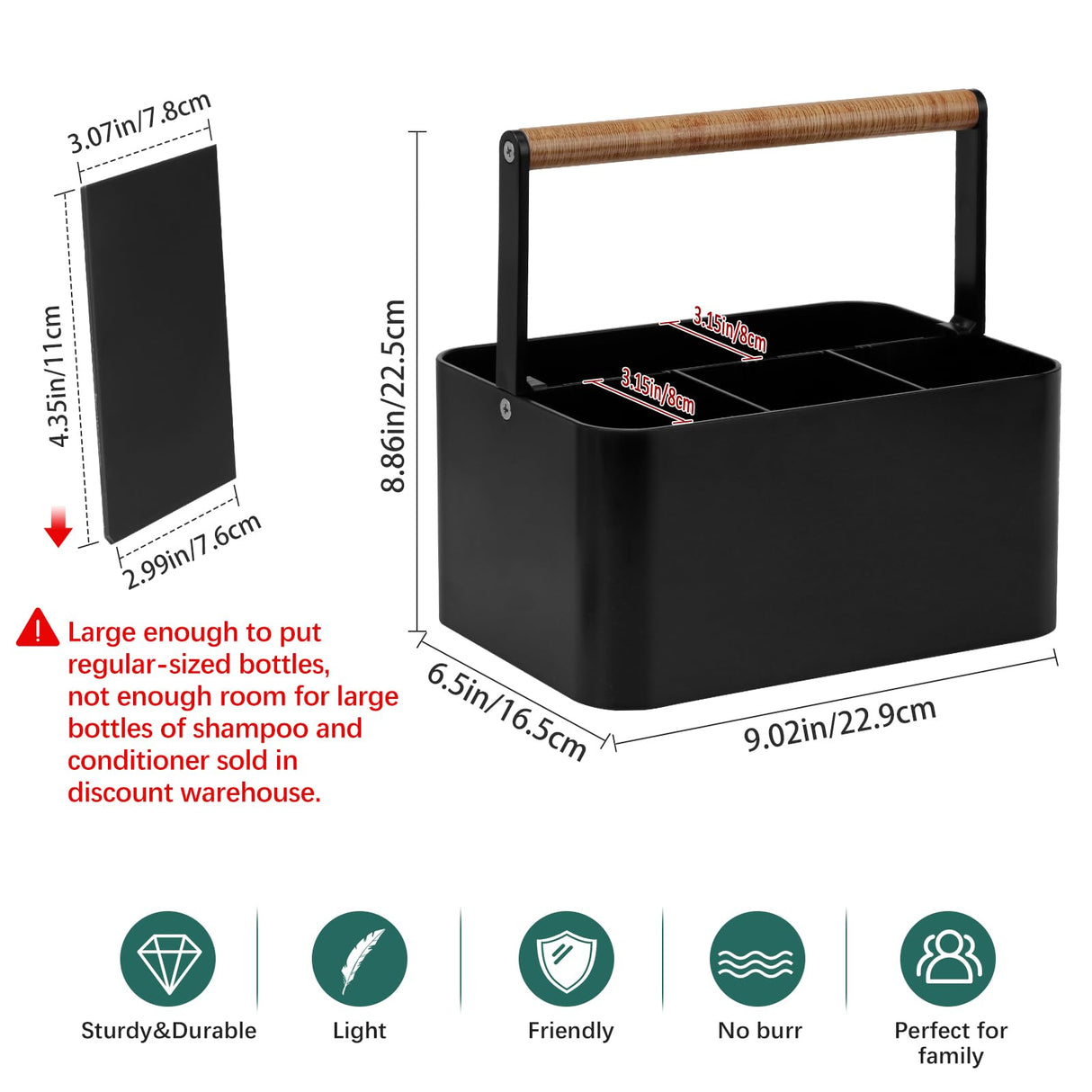 BYUNER Portable Shower Caddy Dorm: Bathroom Caddy Organizer with Handle and Adjustable Dividers,Plastic Shower Basket for Toiletry,Makeup,Vanity,Shower Storage Tote for College, Cleaning Caddy, Black BYUNER