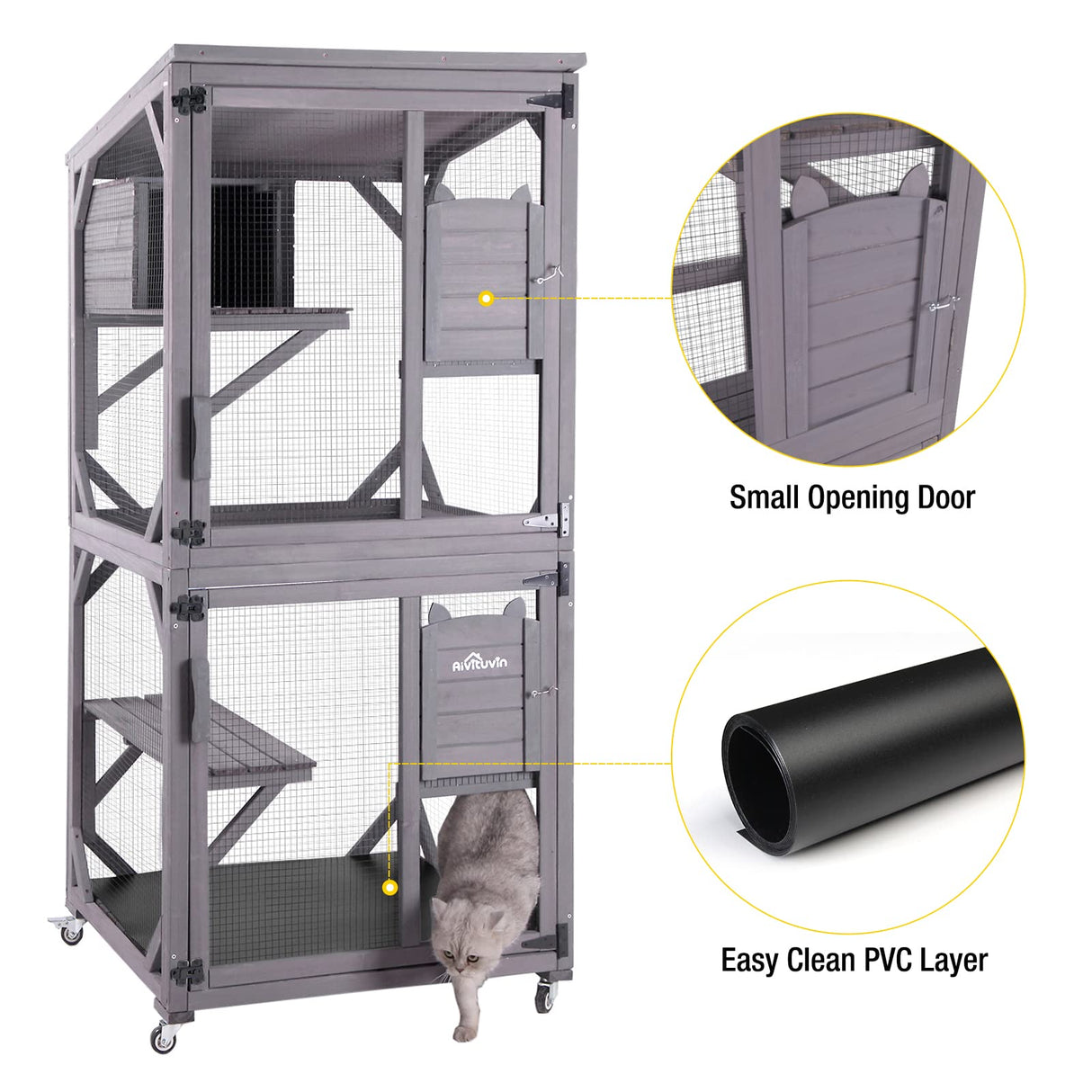 Aivituvin Cat Catio Outdoor Cat House Wooden Large Enclosure with Run on Wheels 70.9" Upgraded Version Catio with Reinforcement Strip,Waterproof Roof (Grey) Aivituvin