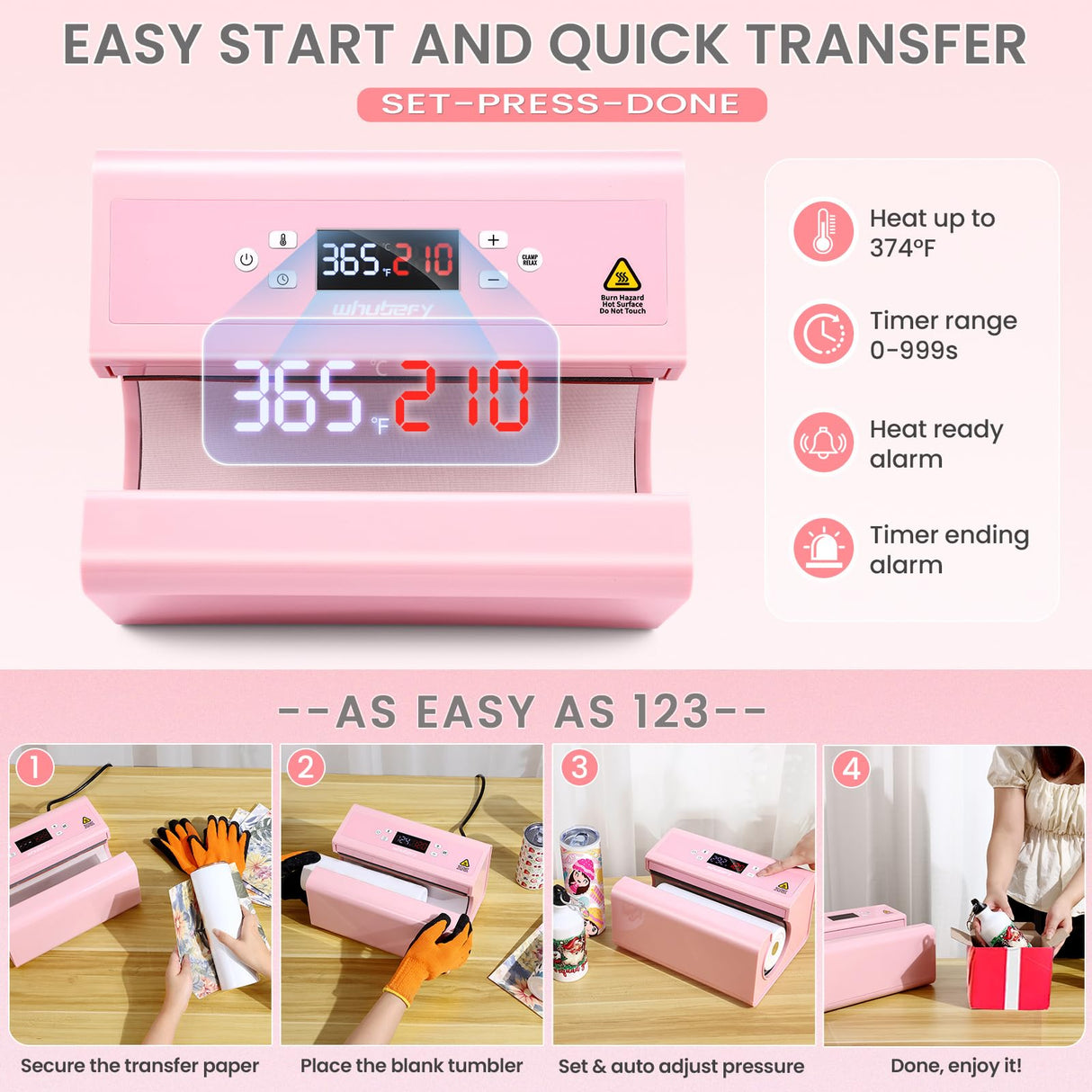 Whubefy Auto Tumbler Heat Press, 20oz 30oz 15oz Mug Press Sublimation Machine Heat Up Fast & Even,Automatic Tumbler Press Machine for 2.95-3.34inch Sublimation Tumblers Cups (Auto Cup Press-Pink) Whubefy