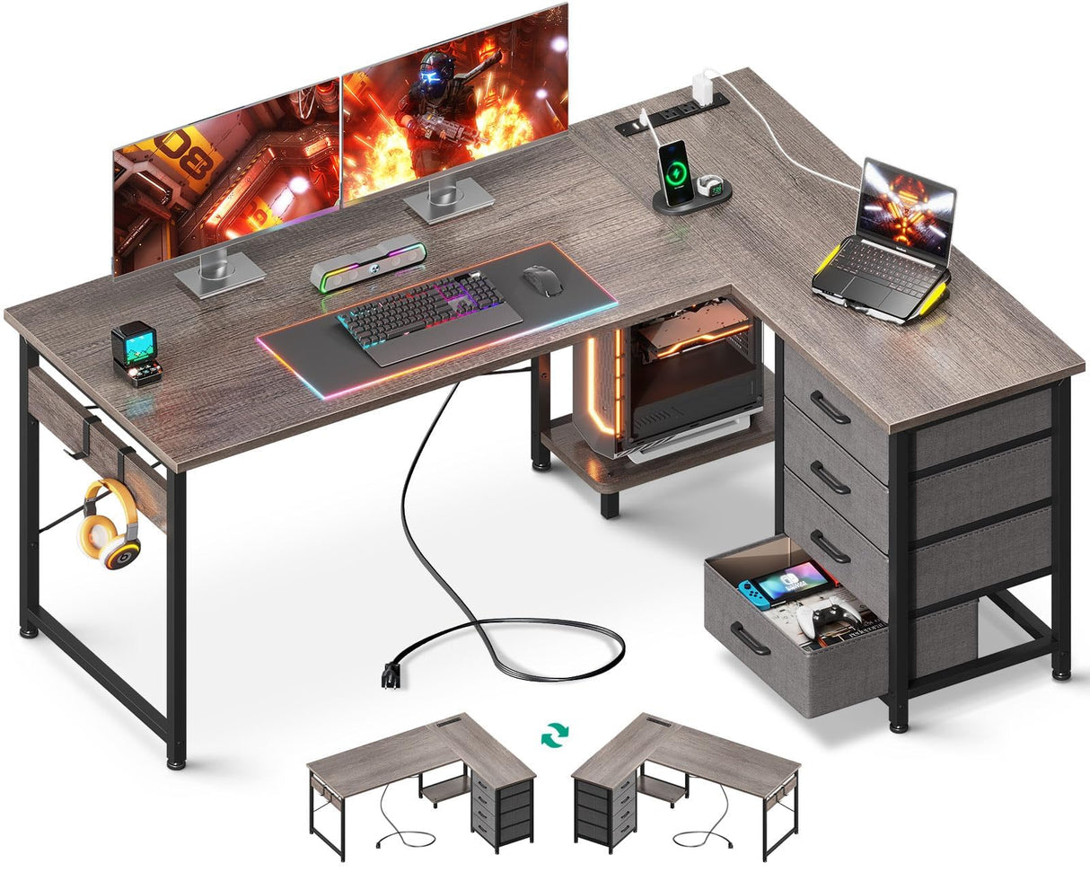 AODK L Shaped Desk with 4 Tier Drawers, 53" Reversible Gaming Desk with Power Outlets, L Shaped Computer Desk with USB Charging Port and Host Stand, Home Office Corner Desk, Easy to Assemble, Grey Oak AODK