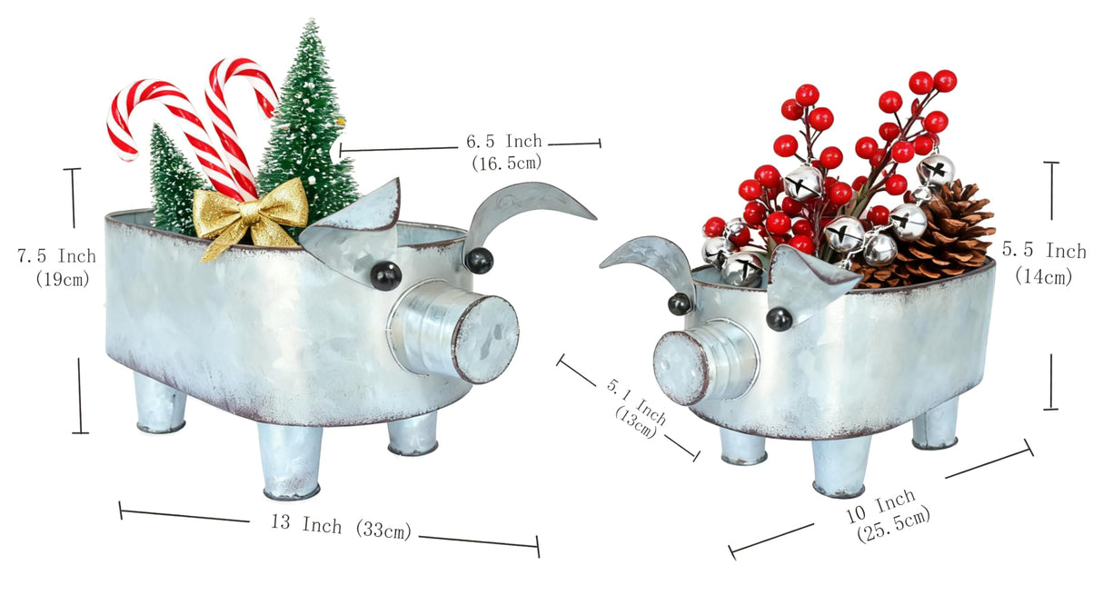 ShabbyDecor Galvanized Metal Pig Bowl Farmhouse Pig Storage Holder for Bathroom Kitchen Living Room Set of 2,Big and Small ShabbyDecor