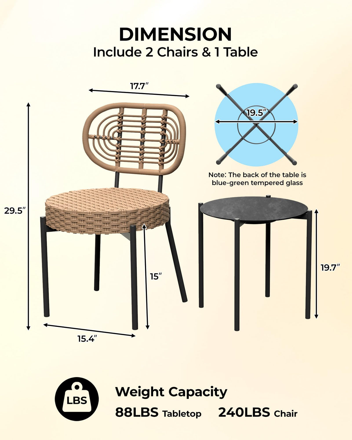 GarveeLife 3 Piece Wicker Patio Bistro Furniture Set, Outdoor Dining Chairs, Includes 2 Rattan Chairs and Tempered Glass Table, for Garden, Backyard, Balcony, Apartment (Black & Brown) GarveeLife