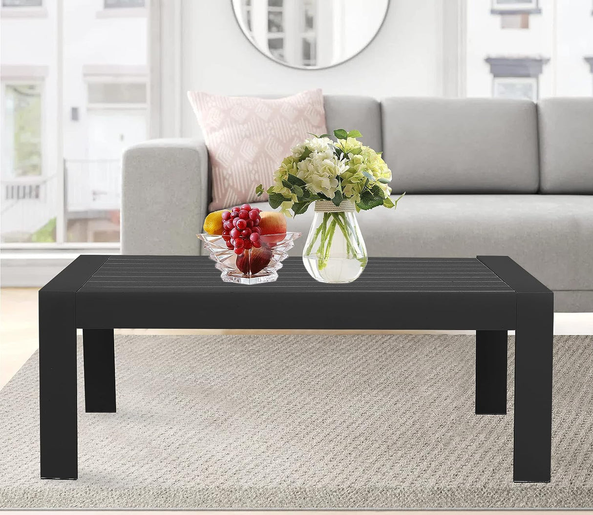 All-Weather Aluminum Outdoor Coffee Table, Modern Coffee Table for Outside, Rectangle Patio Coffee Table for Balcony Garden, Black Kiss the Water