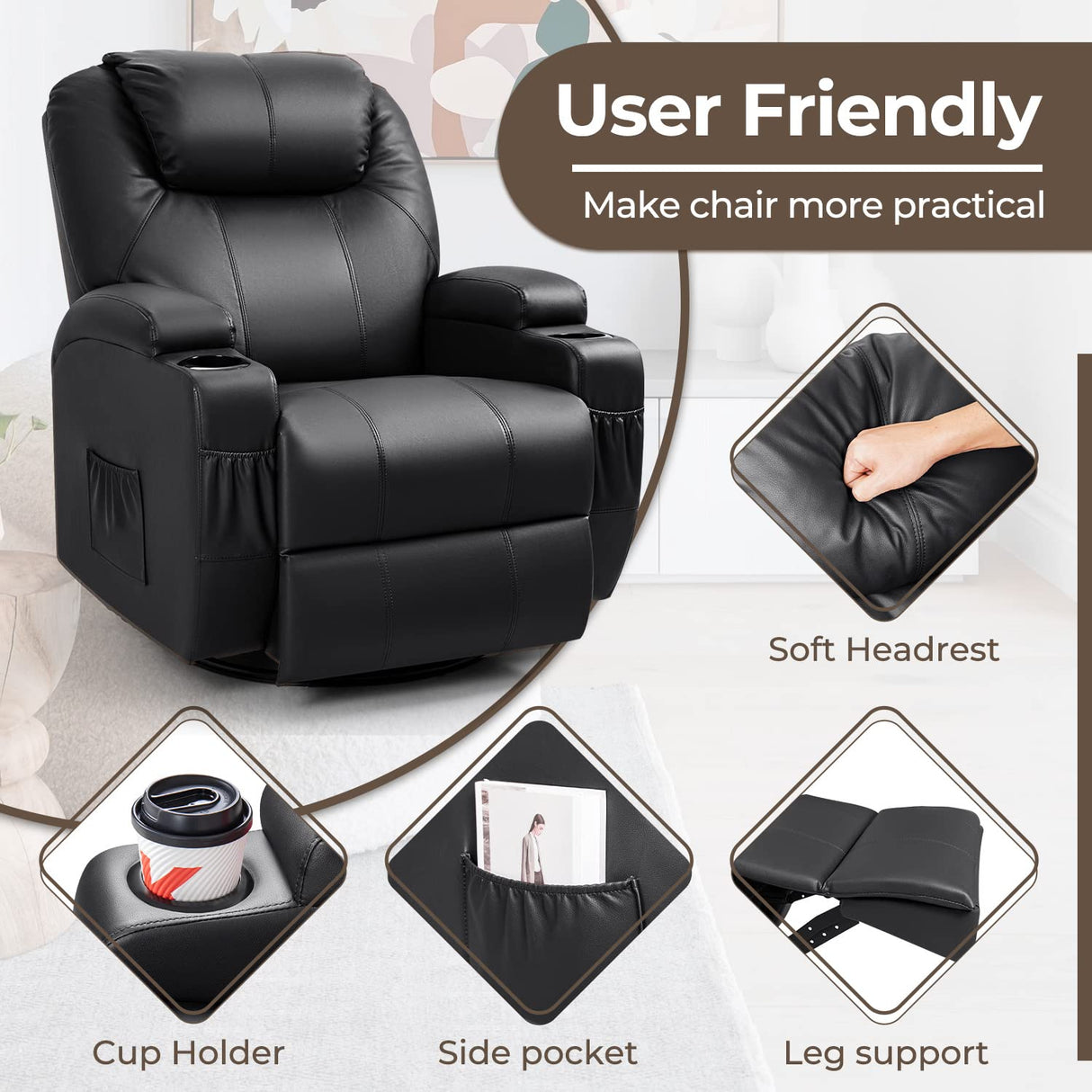 Furniwell Rocker Recliner Chair with Massage for Elderly, Leather Adjustable 360°Swivel Rocking Sofa for Living Room with Remote Control, Cup Holders (Black) Furniwell