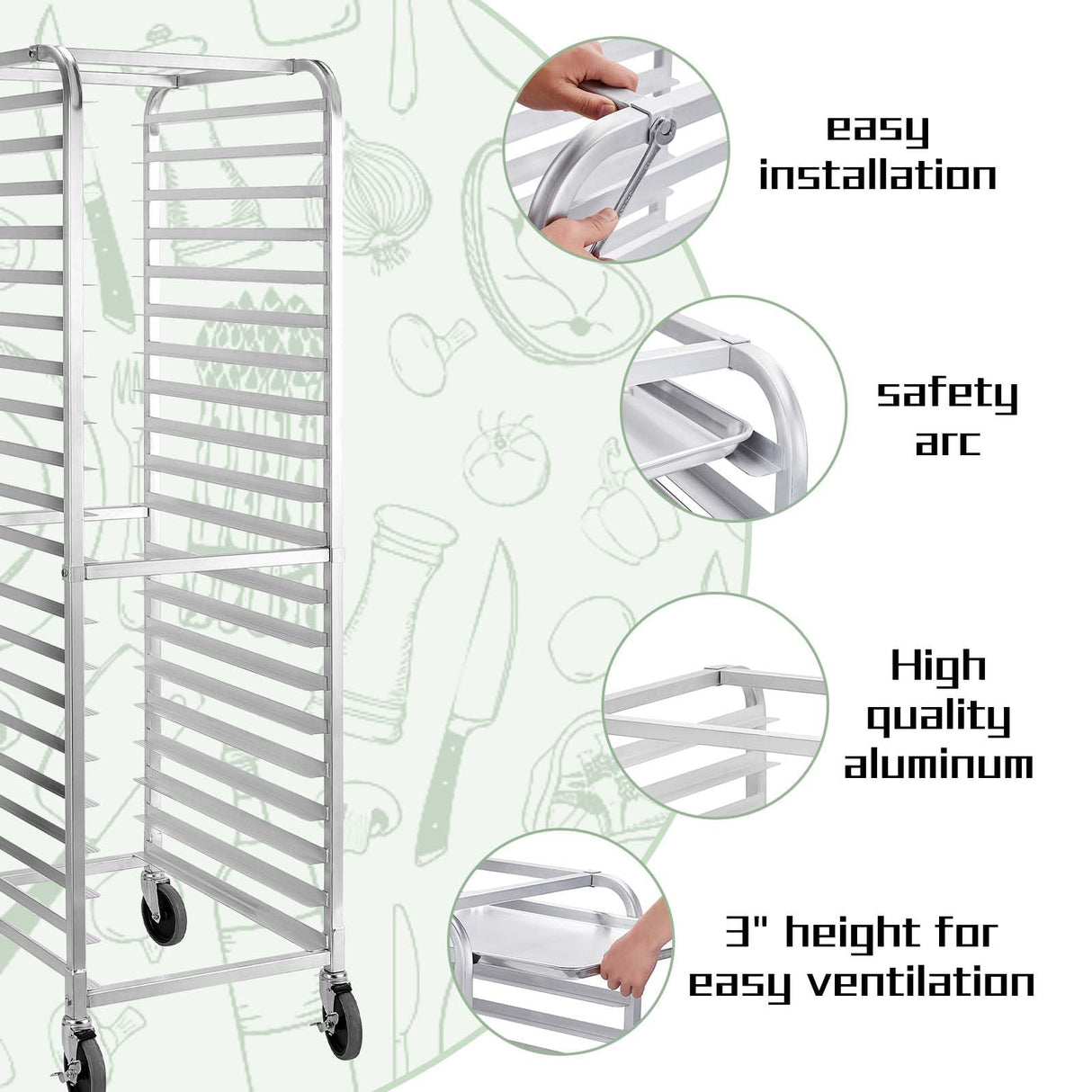 HALLY SINKS & TABLES H Bun Pan Rack 20 Tier with Wheels, Commercial Bakery Racking of Aluminum for Full & Half Sheet - Kitchen, Restaurant, Cafeteria, Pizzeria, Hotel and Home, 26" L x 20" W x 69" H HALLY SINKS & TABLES H