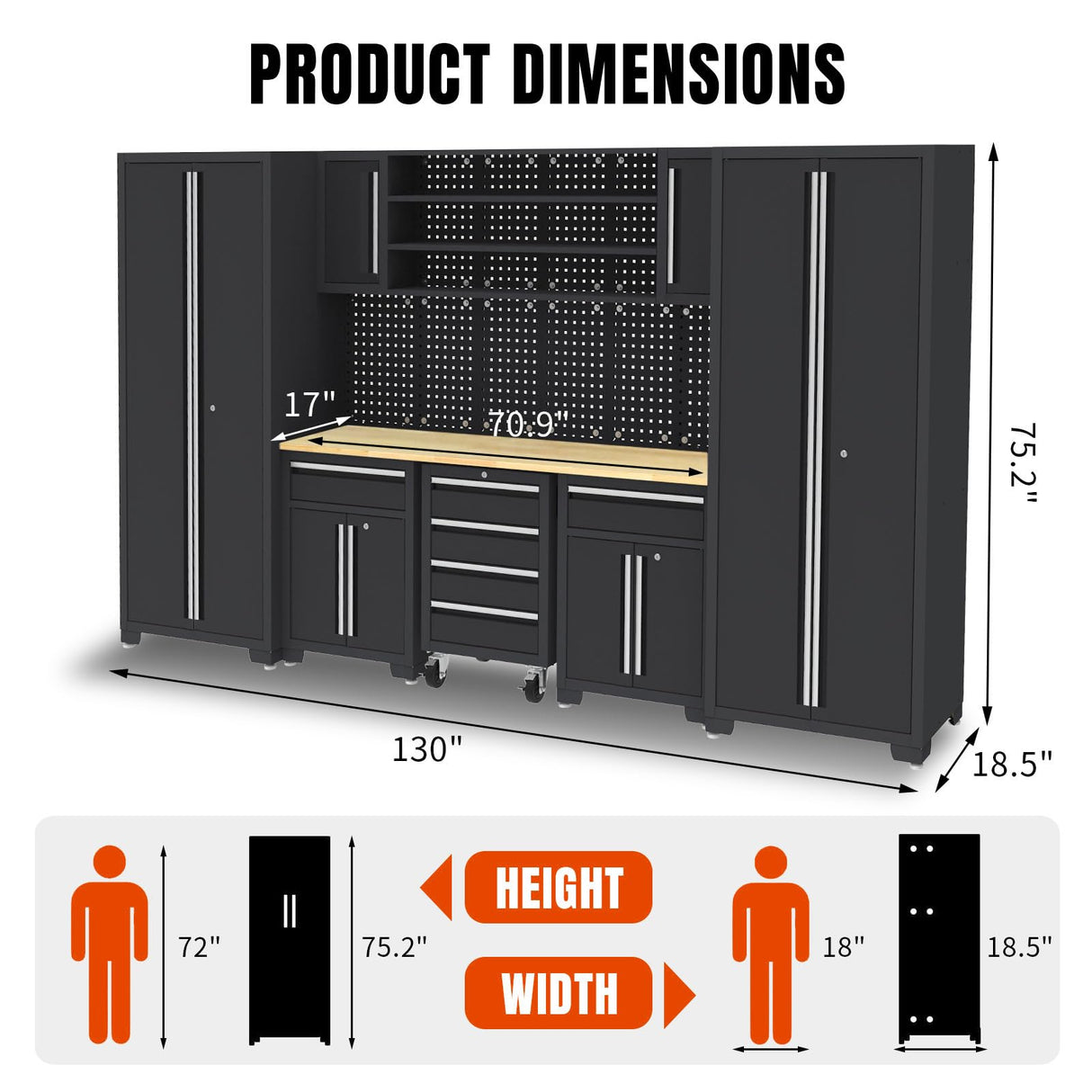 HPDMC Garage Storage Cabinet System - 9-Pc Steel Workshop Set w/Workbench Includes Cabinet Drawers & Pegboard | Gray Tool Organization System for Garage/Workshop HPDMC