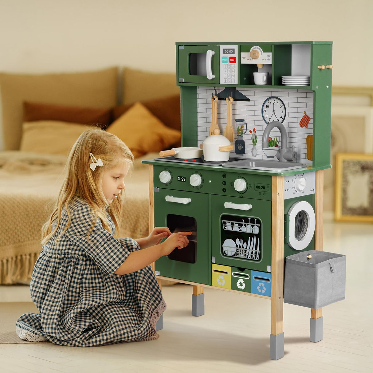 OOOK Kids Kitchen Playset with Sound and Light, Wooden Multifunctional Pretend Play Kitchen with Coffee Machine, Microwave, Dishwasher and Washer Toy ect., Kitchen Set for Kids Aged 3+ OOOK