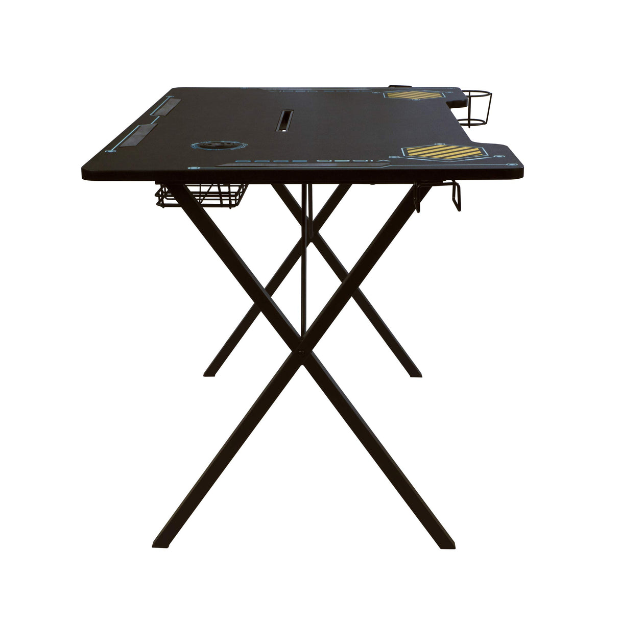 Atlantic Viper 3000 Gaming Desk – Single Laminated Surface, Heavy-Duty Steel X-Legs, Integrated LED, 3 USB 3.0 Ports, Smart Device Slot, Surge Protector Tray, Headset Hooks, PN 33906164 - Black Atlantic