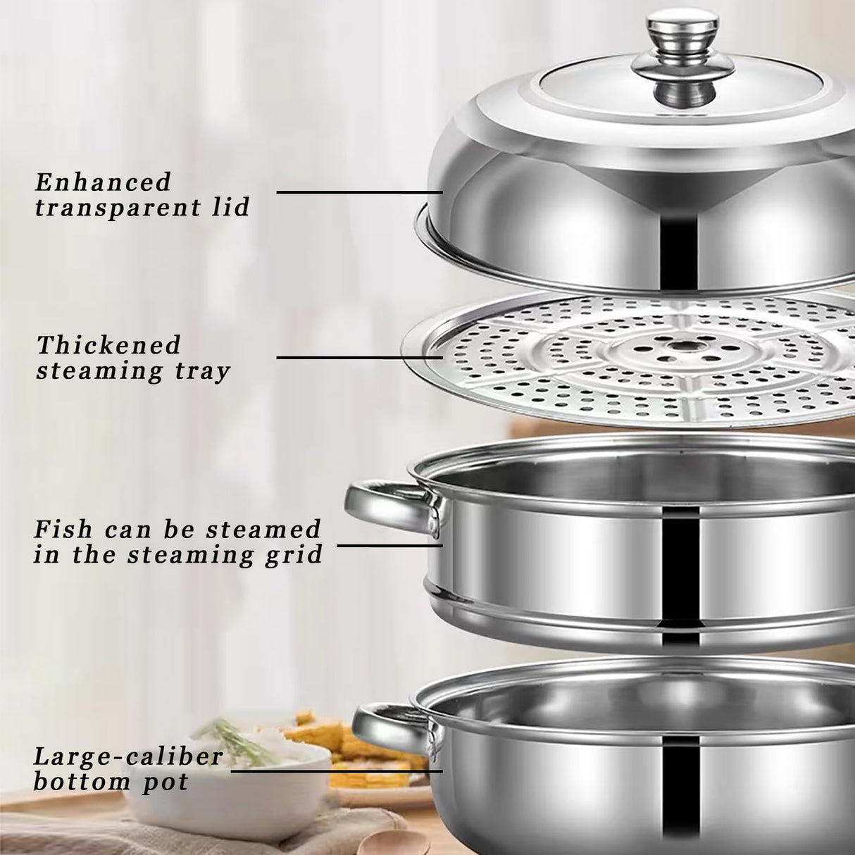 Steamer Pot for Cooking,Stainless Steel Steamer Pot,11 inch Steam Pots with Lid 2-tier for Cooking Veggies Fish Seafood Noodles, Pasta, Food JMTEEA