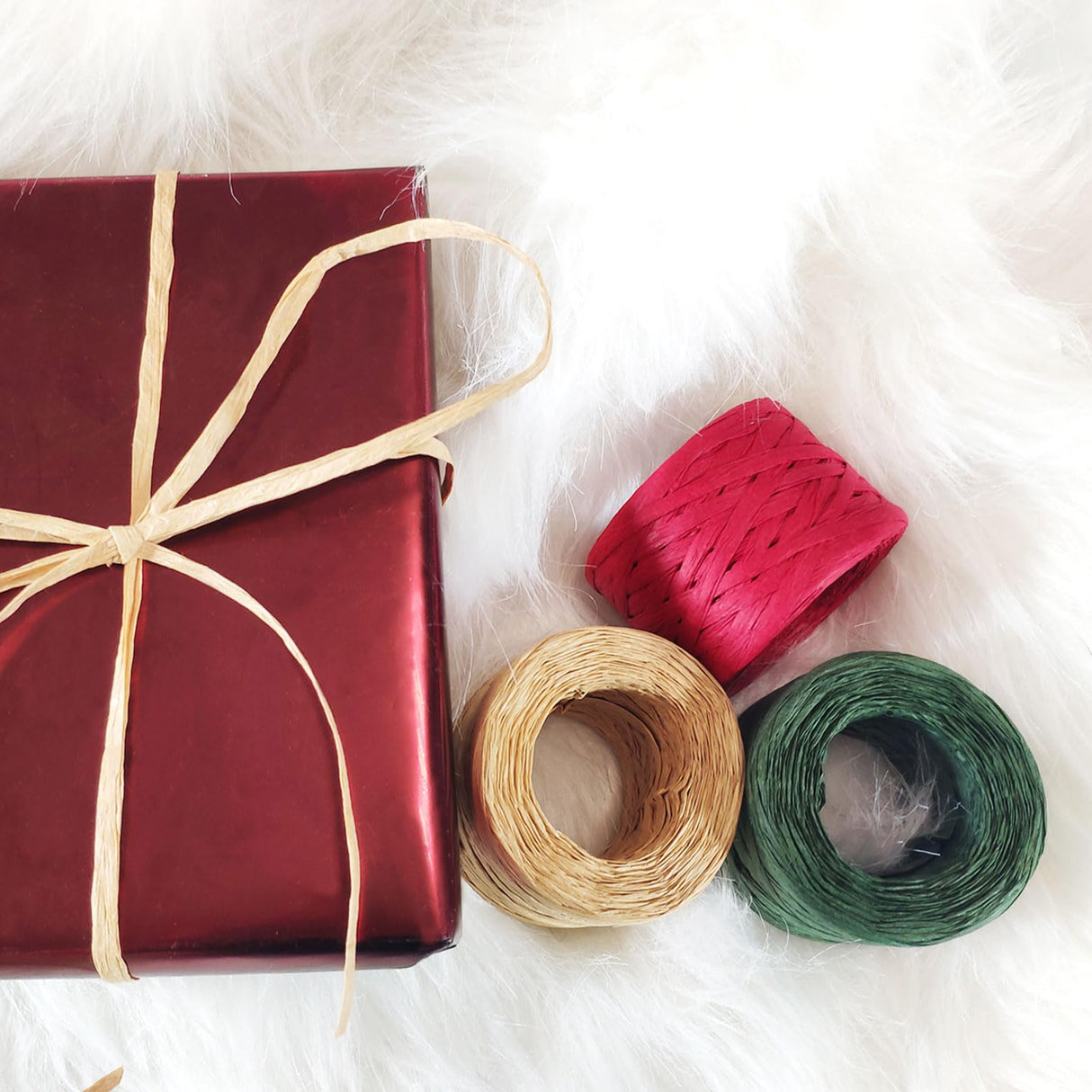 CREATRILL 3 Rolls Red Green Kraft 1/4" by 492 Feet Raffia Ribbon/String, 164 Feet Each Roll, Packing Paper Twine for Christmas CREATRILL
