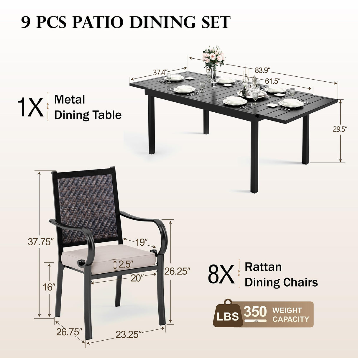 HERA'S HOUSE 9 Pieces Wicker Patio Dining Set, 8 x Rattan Dining Chair, 1 x Extendable Metal Dining Table, All Weather Resistant Outdoor Furniture Set for 8 for Lawn Garden Backyard HERA'S HOUSE