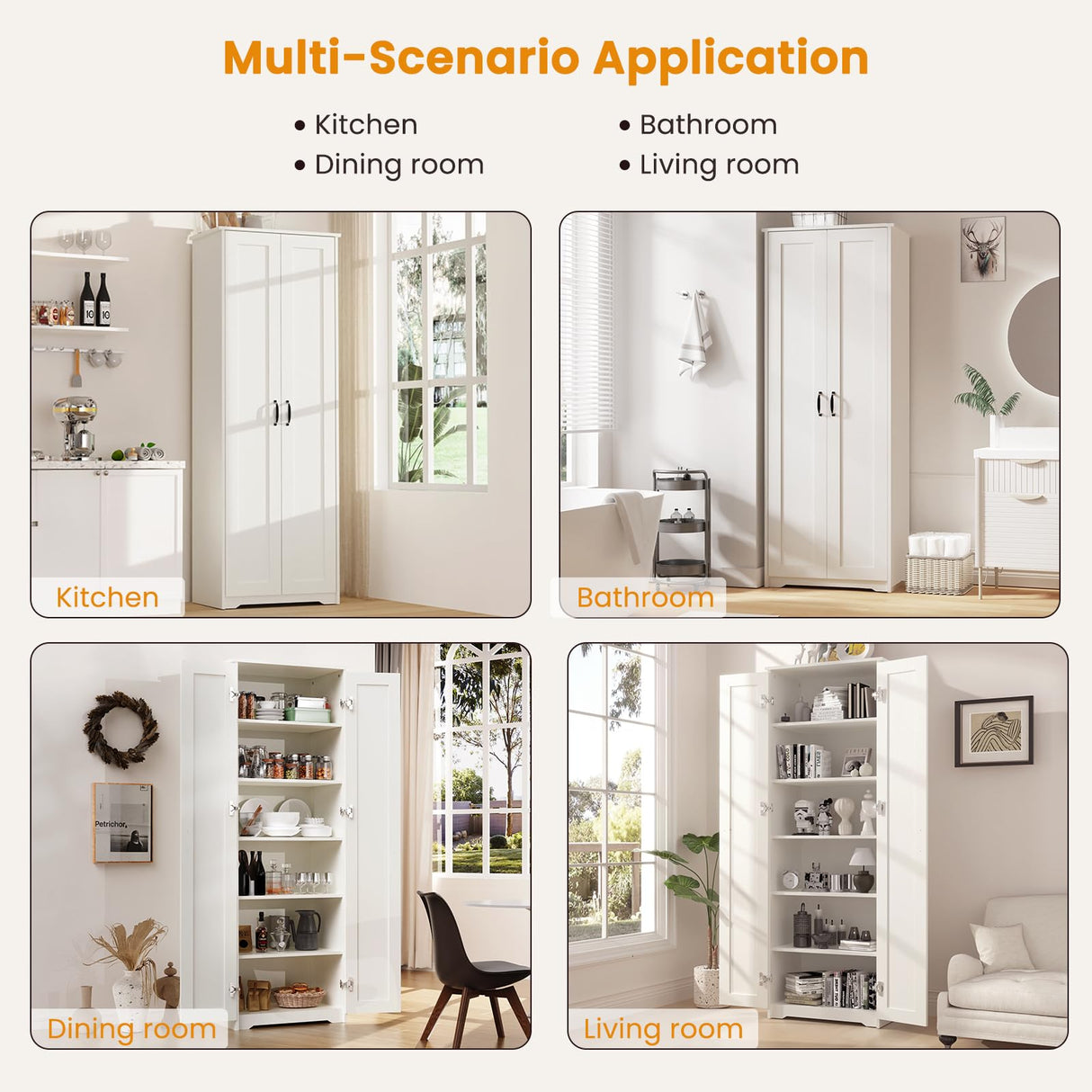 Teekyooly 70" Tall Storage Pantry Cabinet, Bathroom Floor Organizer Storage Cabinet with 2 Doors and 6 Adjustable Shelves, Standing Utility Cabinet for Dining Room, Food Storage and Kitchen, White Teekyooly