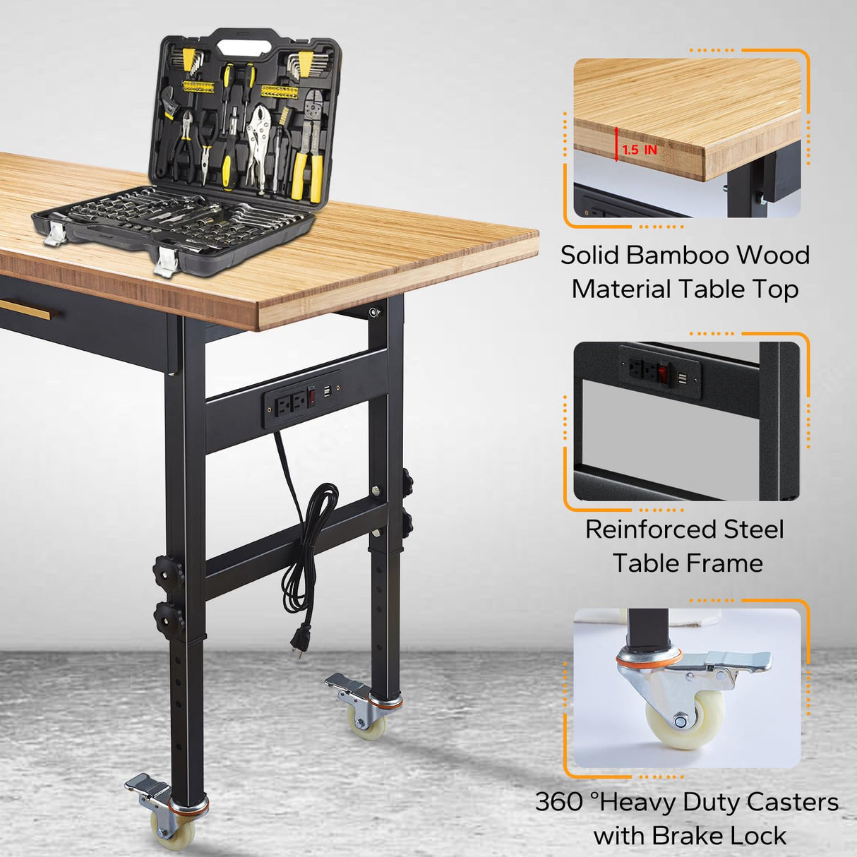 60" Adjustable Work Bench with Drawer Storage, Power Outlet, and Wheels - Heavy Duty Work Table for Home, Garage, and Office - Sturdy Steel Frame with Solid Bamboo Table Top - 2700 lbs Capacity HONRISE