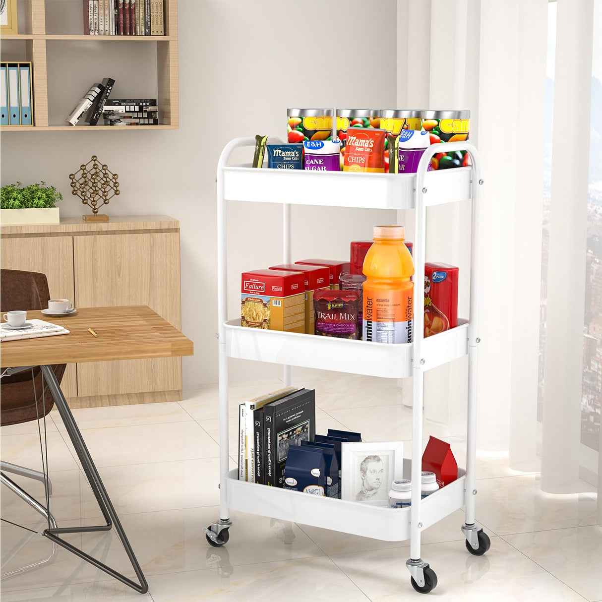 PNVXNUS 3 Tier Rolling Metal Storage Carts with Wheels,Multi Functional Organizer Cart for Office, Bathroom, Kitchen, Book, Diaper. Easy Assembly. (White) PNVXNUS