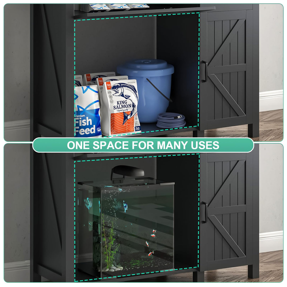 Saudism 40 Gallon Aquarium Stand With Charging Station, Farmhouse Fish Tank Stand, Reptile Tank Stand Terrarium Stand with Drawer and Cabinet Storage, Sturdy Heavy Duty 41.9"×18.3" Tabletop - Black Saudism