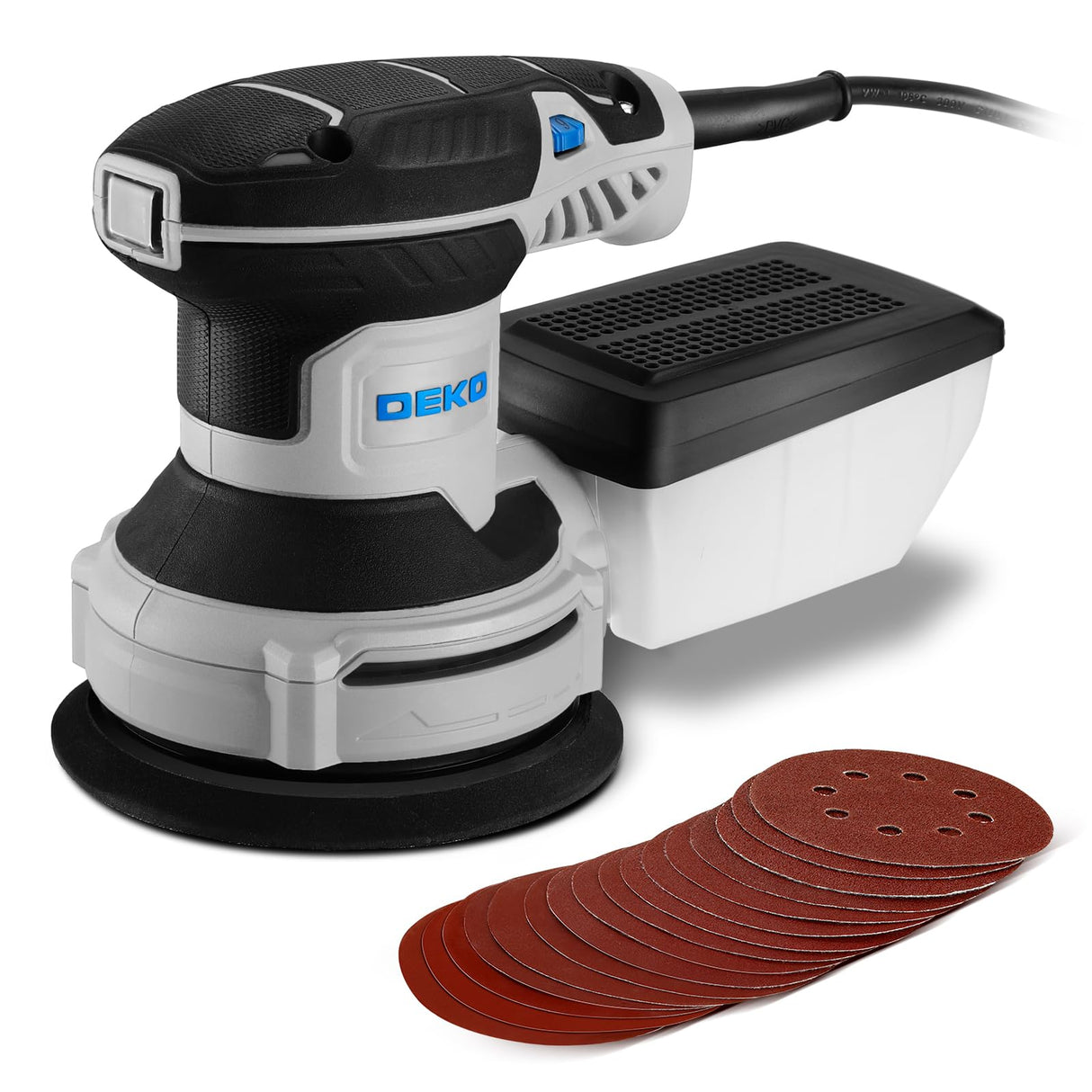 Orbital Sander Corded Hand Sander: DEKOPRO 20V 5" Random Orbital Sander with Dust Box, 6 Various Speeds Electric Palm Sander with Dust Box, 16Pcs Sandpapers for Woodworking & Sanding (Blue) DEKOPRO