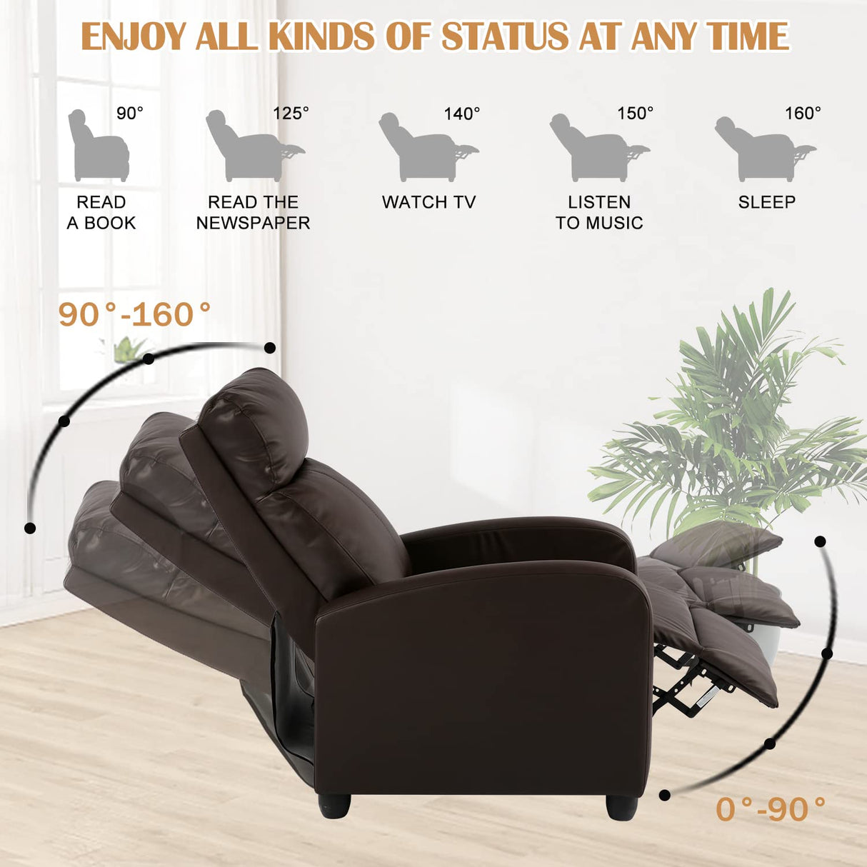 MKDLUFEI Recliner Chair, Adjustable PU Leather Single Sofa Chair, Recliners Chair with Upgraded Footrest for Adults, Small Recliner Chair for Small Spaces, Living Room, Bedroom, Brown MKDLUFEI