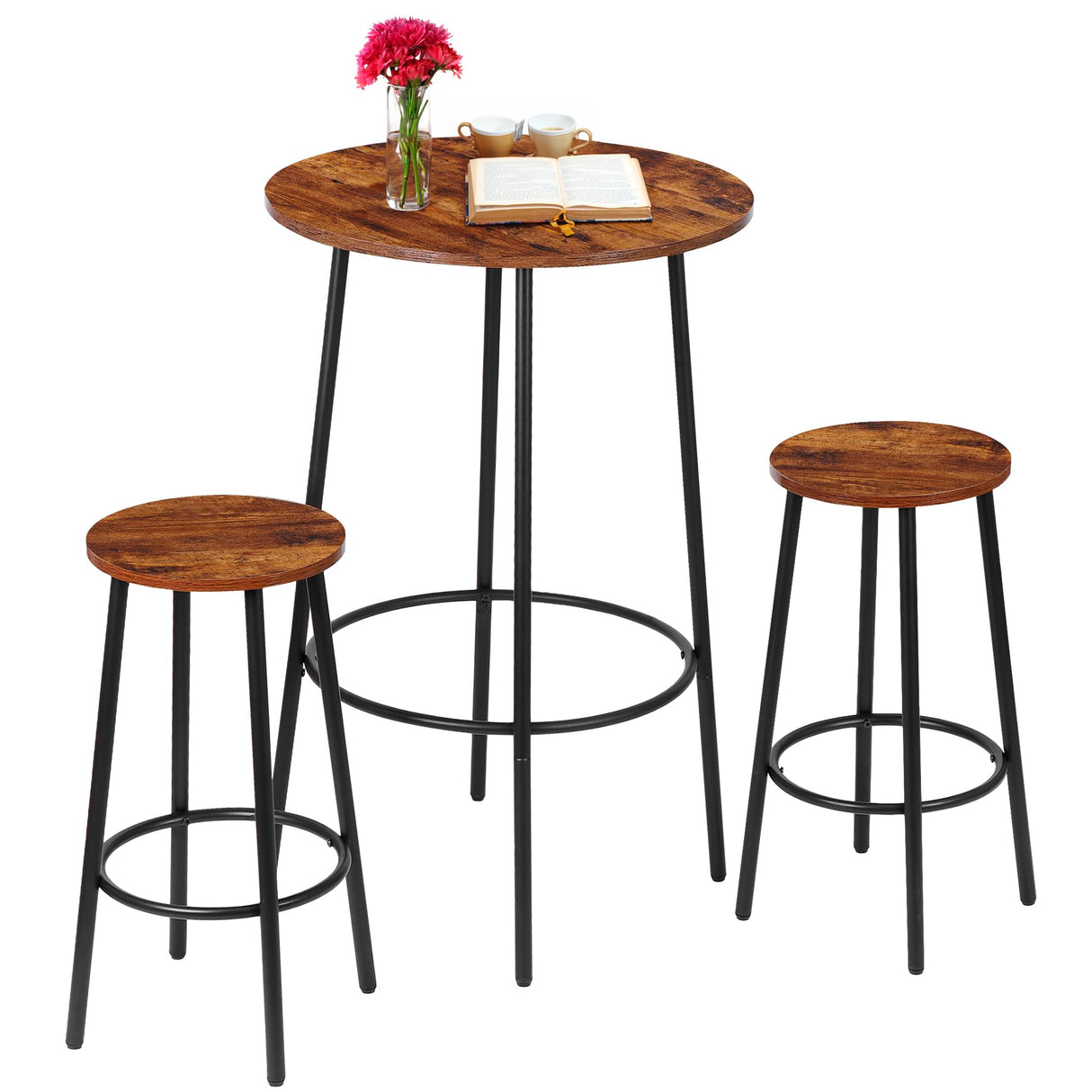 SUPER DEAL Round Pub Dining Set, 3 Piece Small Kitchen Table Set with 2 Counter Height Wood Bar Stools for Kitchen Breakfast, Living Room, Small Space, Rustic Brown SUPER DEAL