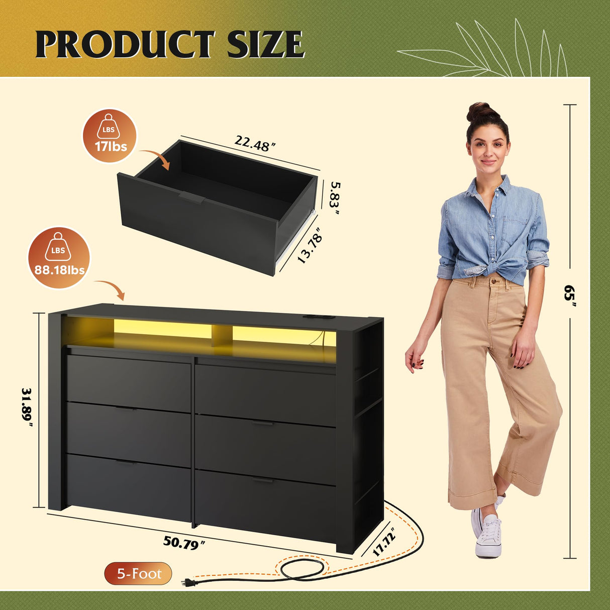 WLIVE 6 Drawer Led Dresser for Bedroom, 50.79'' Black Wood Dresser Storage Organizer with Power Outlets for 55'' TV, Dressers with Open Shelves, Hanging Rack, Chest of Drawers for Closet, Living Room WLIVE