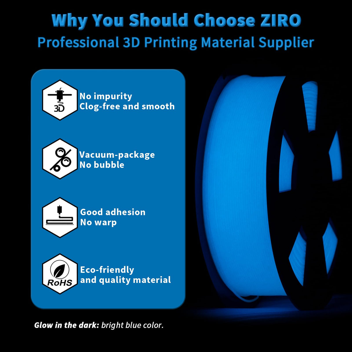 ZIRO Glow in The Dark Filament, PLA Filament 1.75mm, Luminous 3D Printer Filament, Strong Glow Effect 1KG(2.2lbs) Spool, Dimensional Accuracy +/- 0.03mm, Fit Most FDM 3D Printers, Blue ZIRO