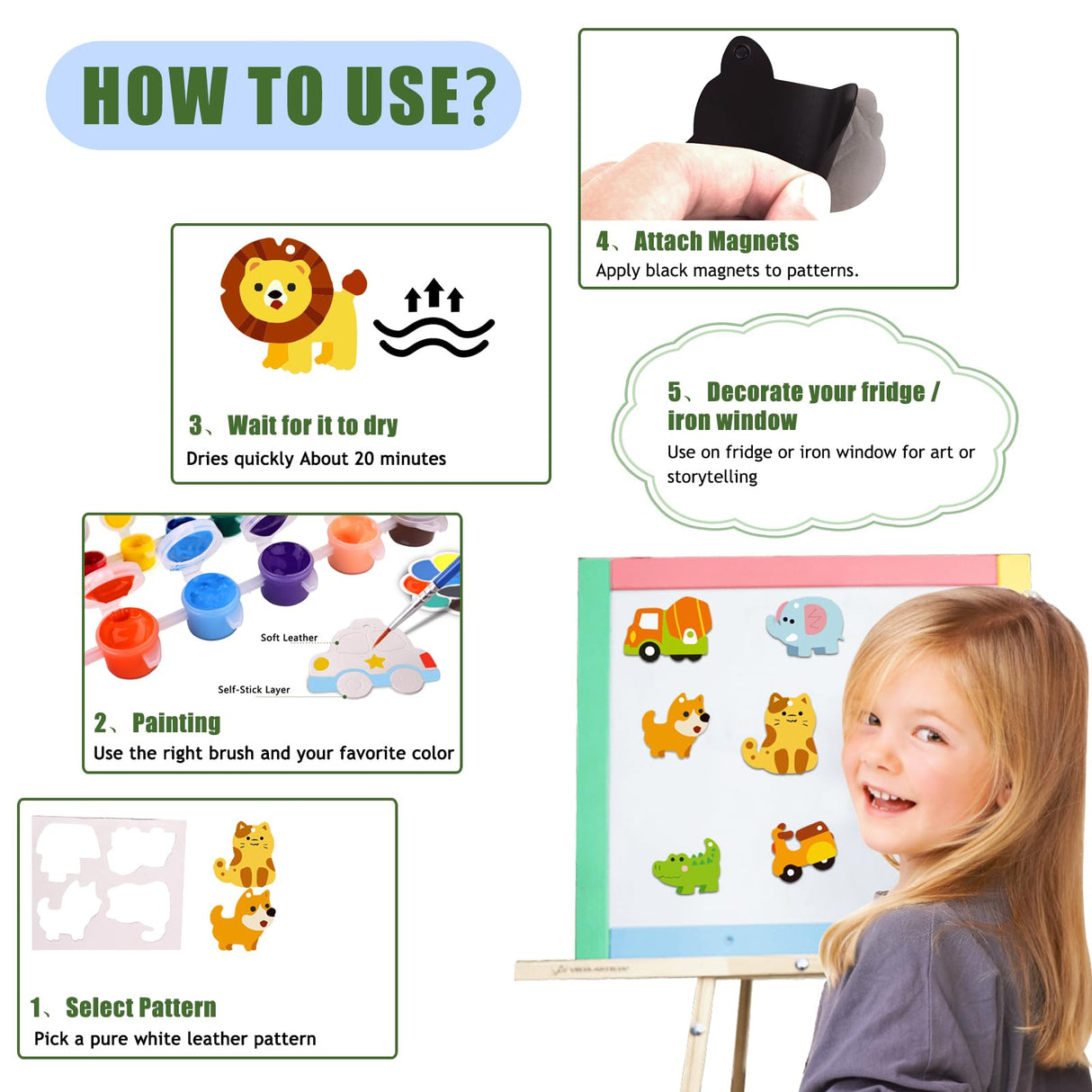 Magnetic Mini Tile Art-DIY Craft Kits for Kids,Fridge magnet painting kit for kids Ages 4-8,Soft Leather Fridge Magnets Craft Paint Set Animals & Vehicles,Party Favors for Kids 8-12 DerzuanAscent