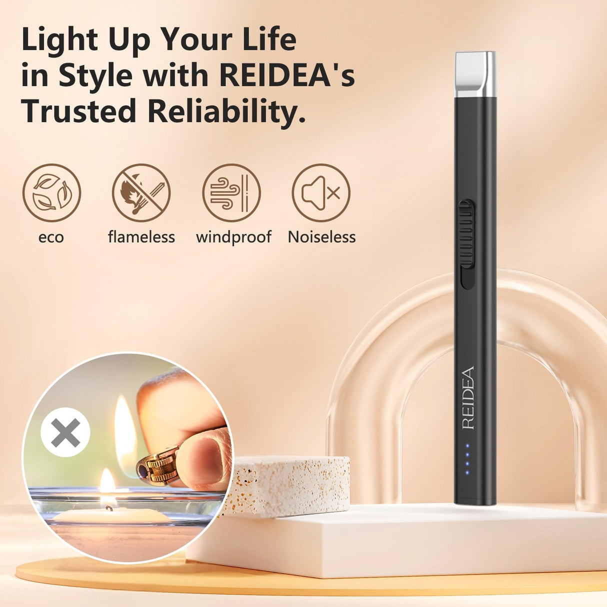 REIDEA Electric Lighter Candle Lighter, Windproof Flameless USB Rechargeable Arc Retractable Lighter with Safe Button and Power Indicator for Candle, BBQ and Fireworks, R1 Flat, Obsidian Black REIDEA