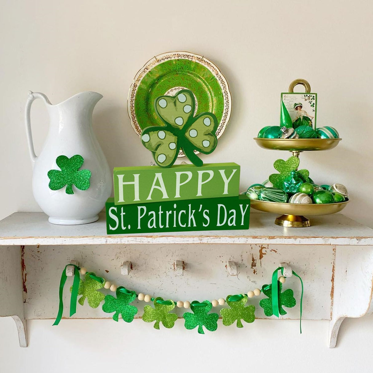Happy St. Patrick's Day Wood Block Table Sign, Wooden Shamrock Table Top Decorations Tiered Trays Desk Shelf Irish Home Office Coffee Bar Decor 3 Pieces Green OEQSHMY