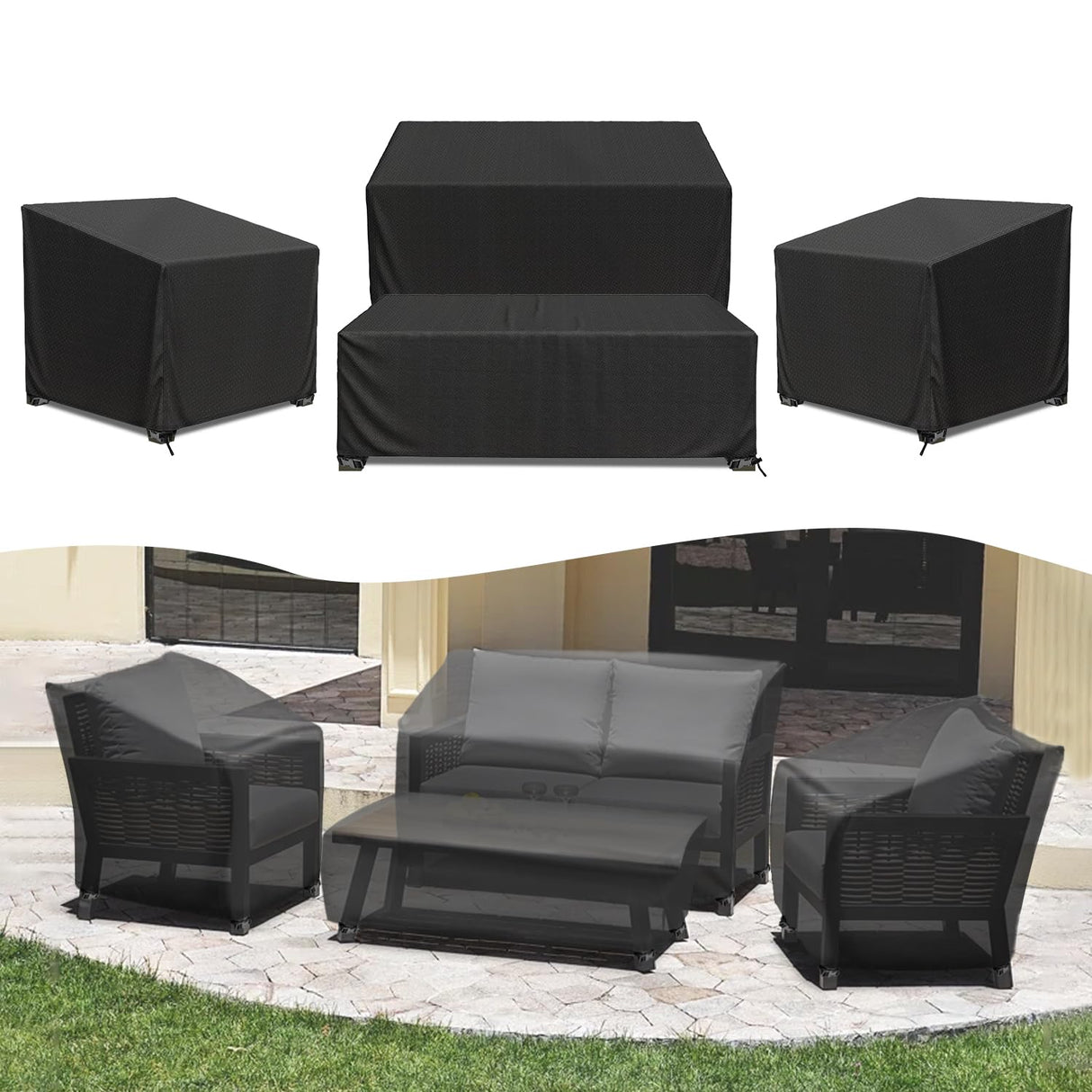 Patio Furniture Covers, 4 Piece Heavy Duty Waterproof Outdoor Furniture Cover with Windproof Buckle Strap, Rattan Wicker Patio Furniture Set Cover for Chair Sofa Black (Black, X-Large) CKCLUB