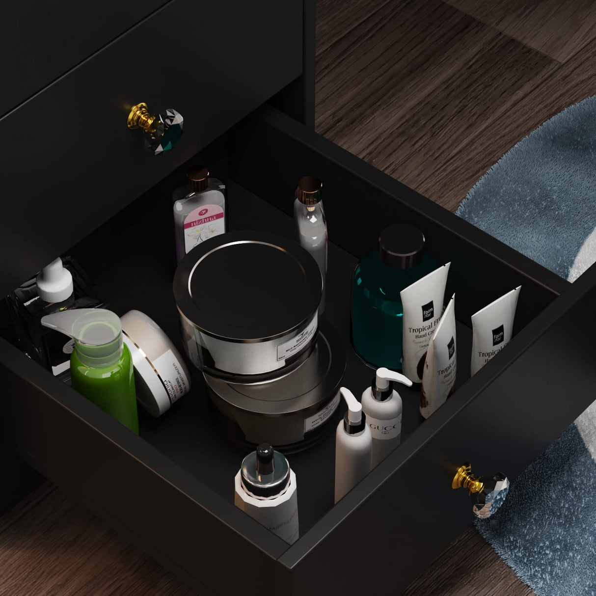 Homsee Vanity Desk Set Makeup Table with Large Sliding Lighted Mirror, Dressing Table with 4 Drawers, Hidden Storage Shelves & Cushioned Stool for Bedroom, Black Homsee