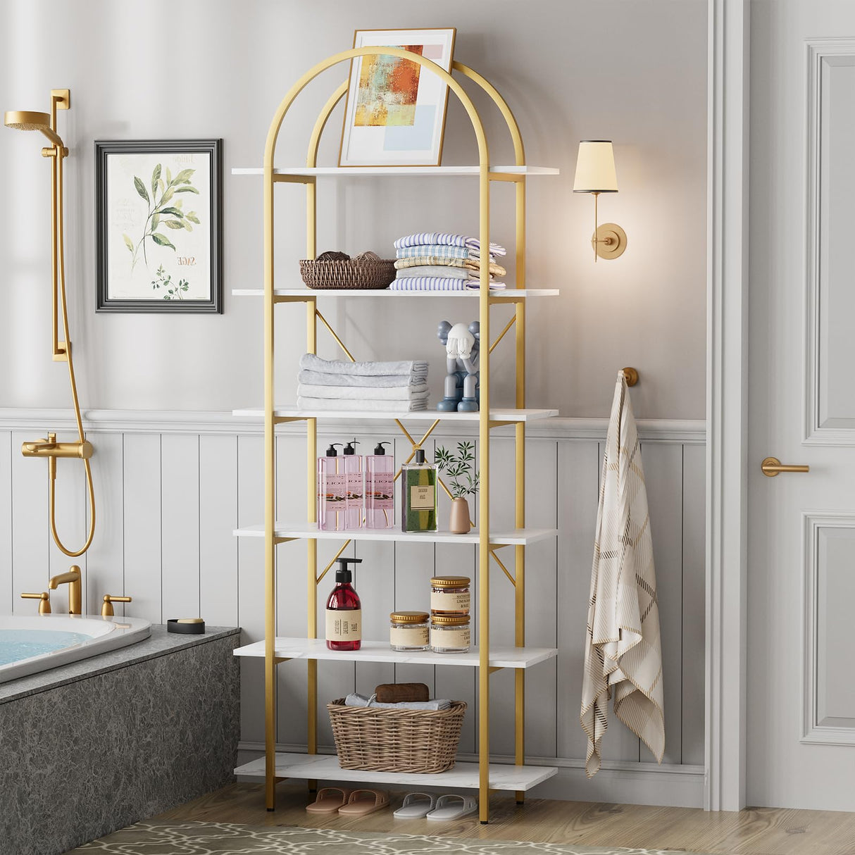 Arbuxzuy 6 Tier Bookshelf, 83" Tall Arched Bookcase, Tall Book Shelf with Metal Frame, Modern Display Standing Shelf for Living Room, Home Office, Bedroom, Gold