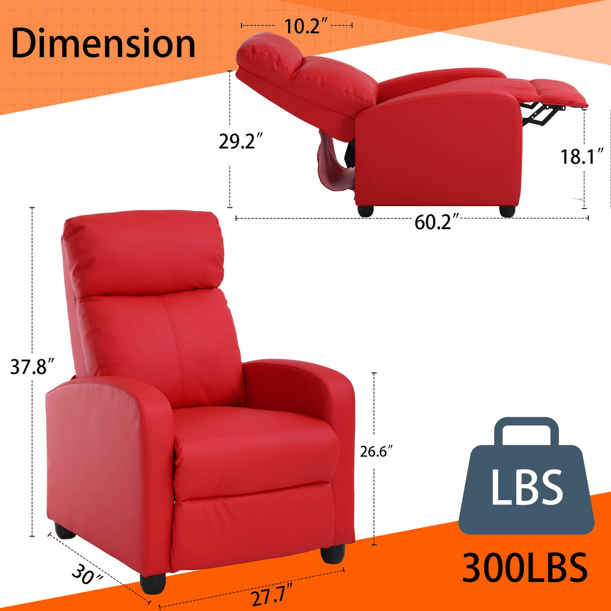 MKDLUFEI Adult Recliner Chair PU Leather Massage Recliner Sofa with Lumbar Support, Push Back, Armrests, Footrest, Adjustable Home Theater Seating for Living Room Home Theater (Black) (Red) MKDLUFEI