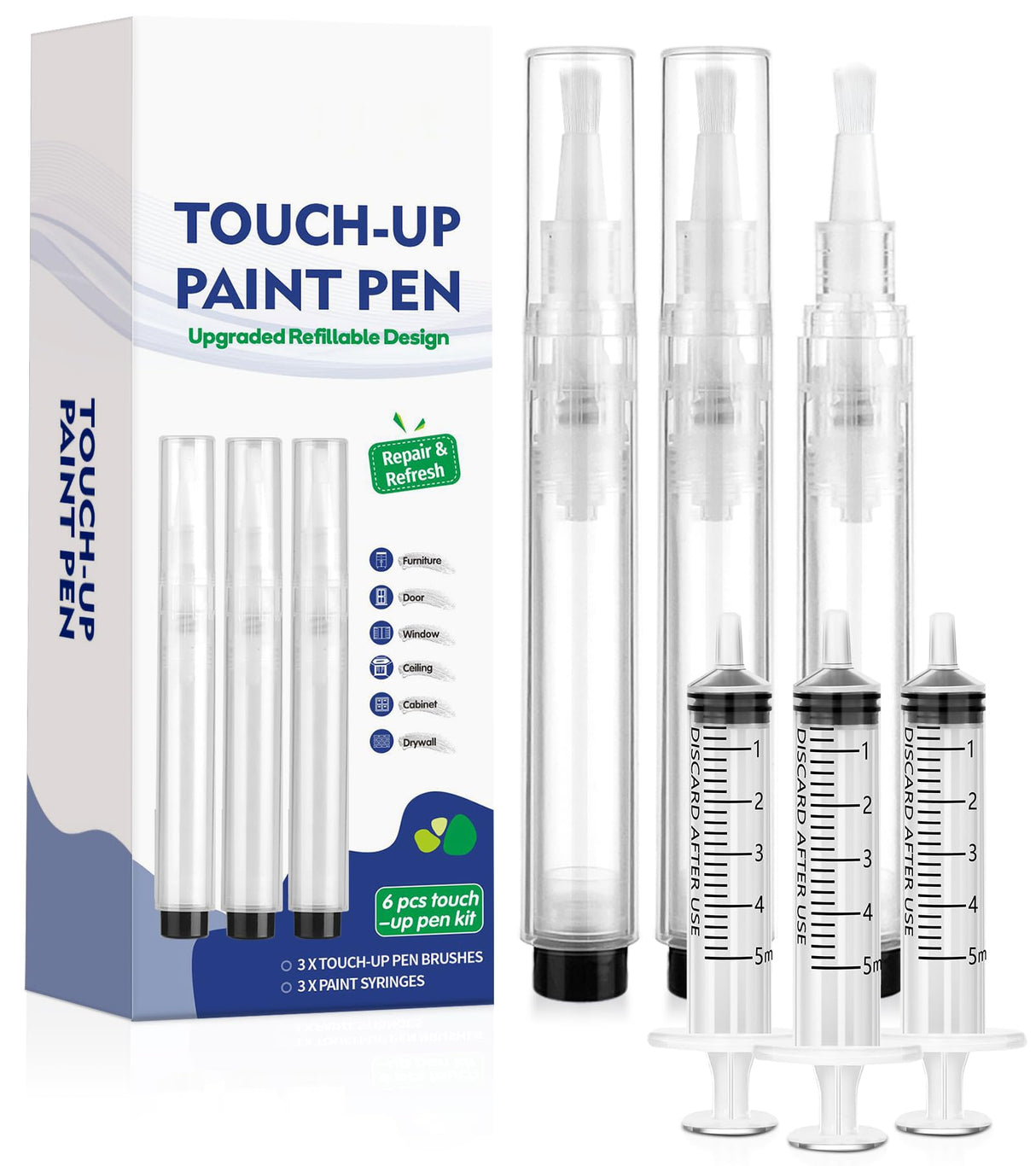 Fillable Touch Up Paint Pen Brush, 3 Pcs Paint Pen for Wall Touch Up, Refillable Paint Pens for Walls, Wood Floors, Cabinets, Windows, Doors (6 Pcs(Pack of 1)) YULOFMVE