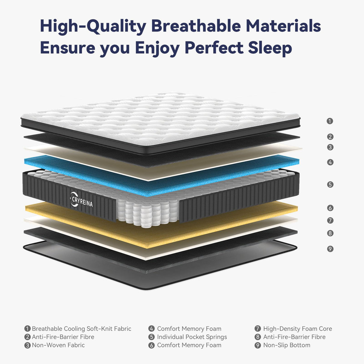 CRYREINA King Size Mattress, 12 Inch King Mattress Hybrid in Box, Independent Pocket Springs, Medium Firm, Strong Edge Support, Breathable Comfort and Durable CRYREINA