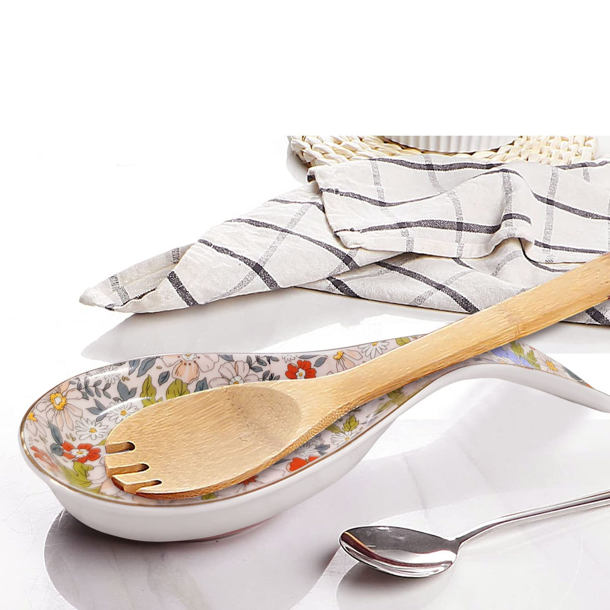 LEAZUL Ceramic Spoon Rest for Stove Top Large Spoon Holder Farmhouse Spoon Rest for Kitchen Counter Floral Coffee Spoon Rest Flowers Print Cooking Utensil Tools Rest Modern Kitchen Decor LEAZUL