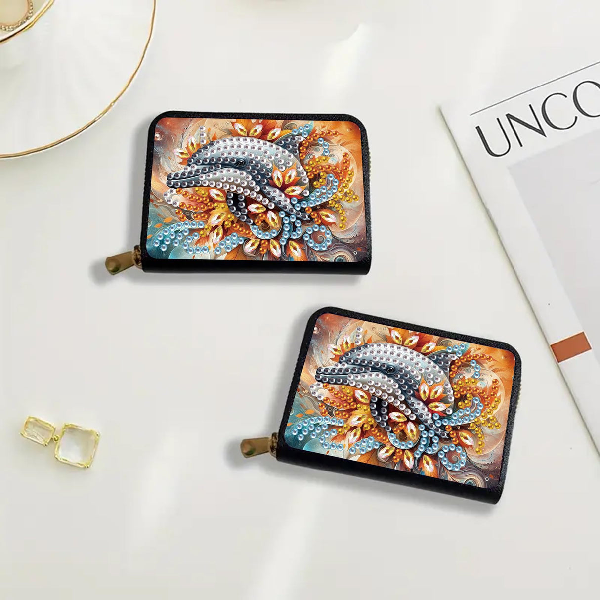 DIY Diamond Painting Kit Card Bag Dolphin Pattern Compact Portable Card Holder Multi Card Position Mini Wallet Bank Card Coin Storage Bag Personalised Creative Handmade Gift Tontut