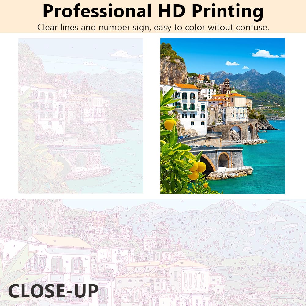 Paint by Numbers for Adults Beautiful View of Amalfi Oil Painting Paint by Numbers for Beginners Lemons in the Foreground Italy Paint by Numbers Kit DIY Oil Painting Children s Crafts 16x20 inch TUMOVO