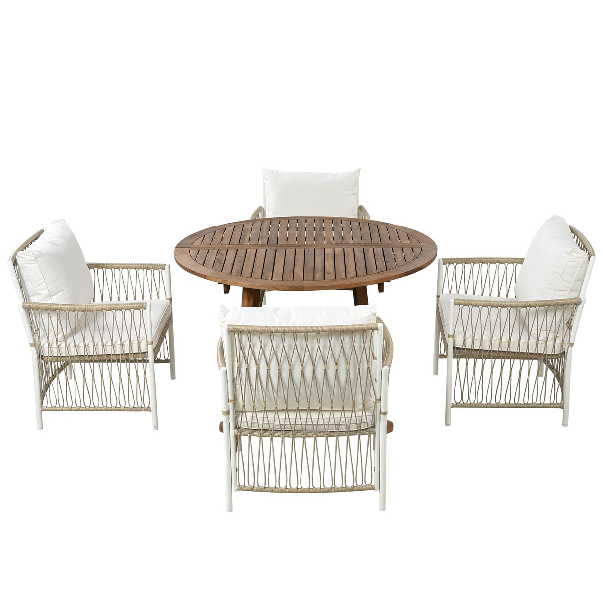 Modern 5-Piece Outdoor Patio Dining Set, All-Weather Acacia Wood Extendable Round Dining Table with 12inch Butterfly Leaf and 4 Rattan Arm Chairs for Backyard, Garden, Poolside CKLMMC