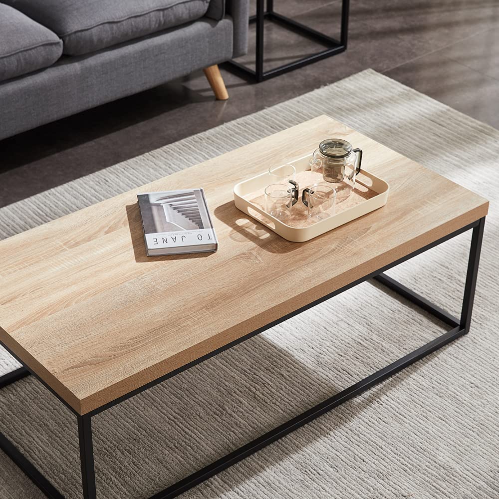 CENSI Oak Coffee Table for Living Room, 47" Modern Industrial Rectangular Wood and Metal Coffee Table with Extra Thick Tabletop(Natural Wood) CENSI