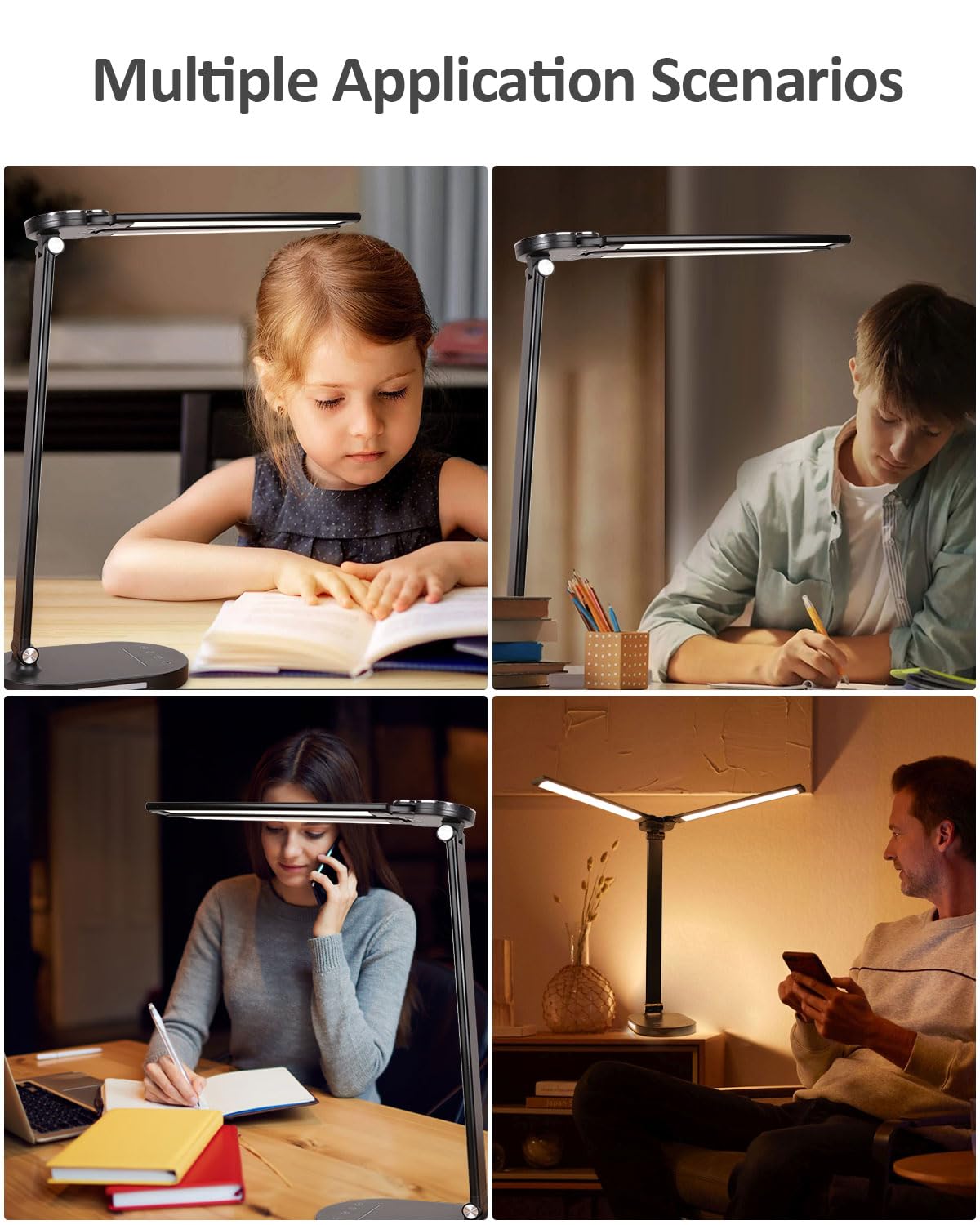 LED Desk Lamps for Home Office, 14W Double Swing Arm LED Desk Lamp with USB Charging Port, Eye-Caring Architect Task Lamp, Desktop Lamp with Night Light Table Light for Work Study Craft with Adapter hukunos