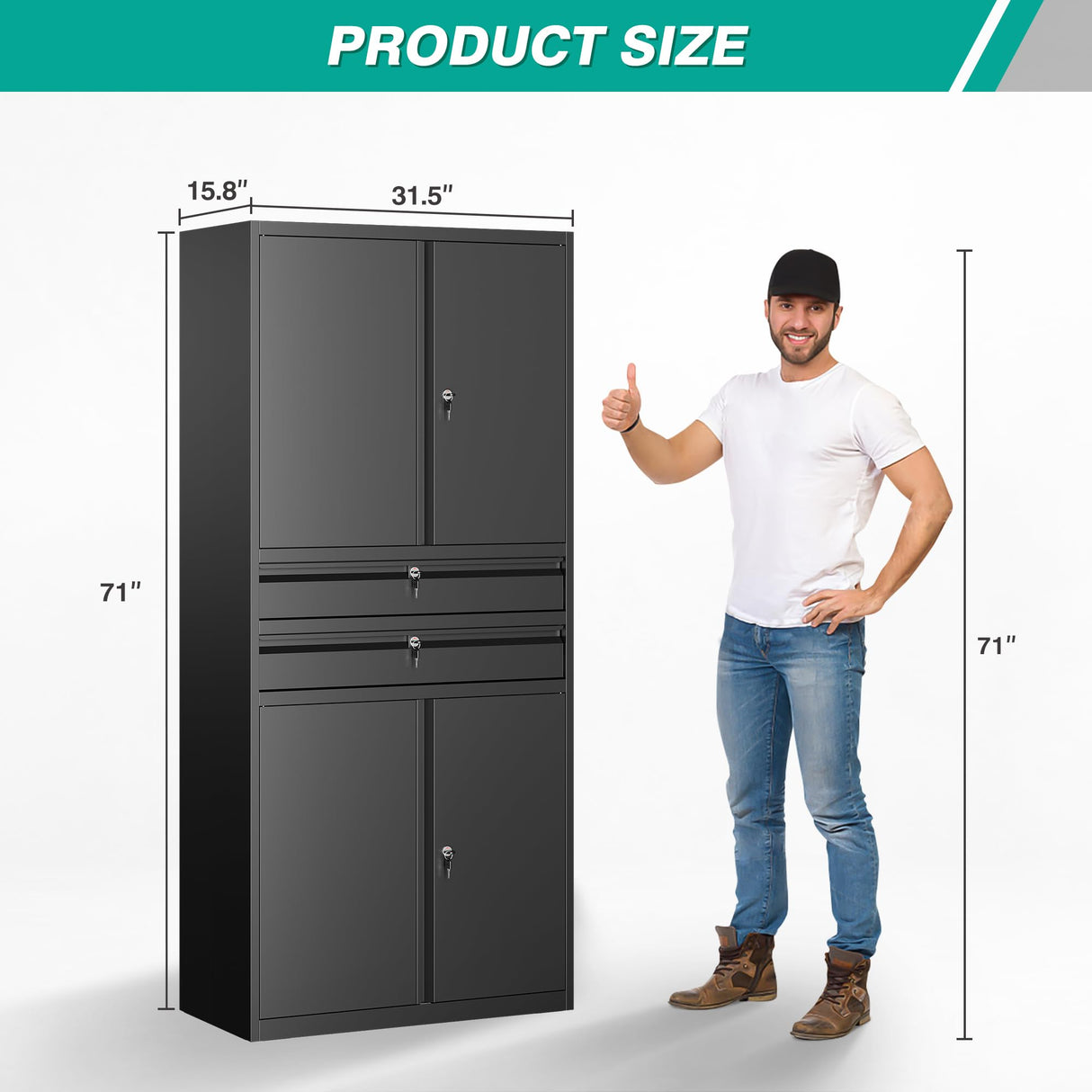 Metal Storage Cabinet with Drawer and Locks,Black Garage Storage Cabinet with Locking Doors and Adjustable Shelves,71" Tall Large Metal Cabinets with Magnetic Door for Home,Office,Garage SISESOL